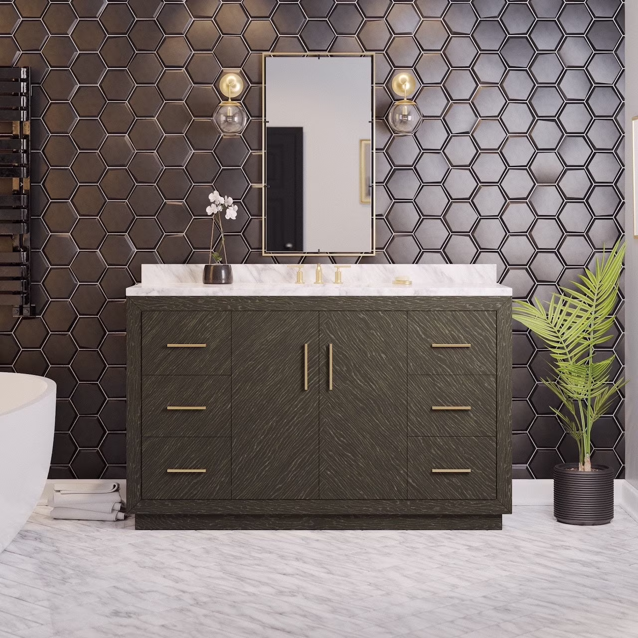 Peyton 60" Single Bathroom Vanity with Gray Oak Cabinet and Carrara Marble Top(Gray Oak)