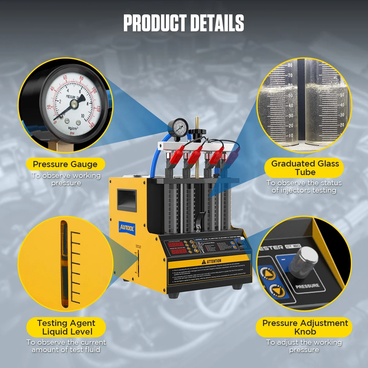 CT160 Fuel Injector Tester Cleaning Machine, 2000ml 4 Cylinder Injector Ultrasonic Heating Cleaner, 110V Petrol Injection Tester for Cars Motorcycles - Image 9