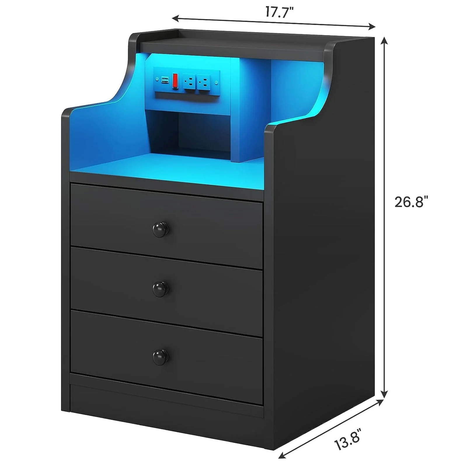 Nightstand with 3 Drawers and Shelves,Night Stand with LED Lights and USB Port Charging Station,LED Bedside Table with Hutch,Black(Black) - Image 7