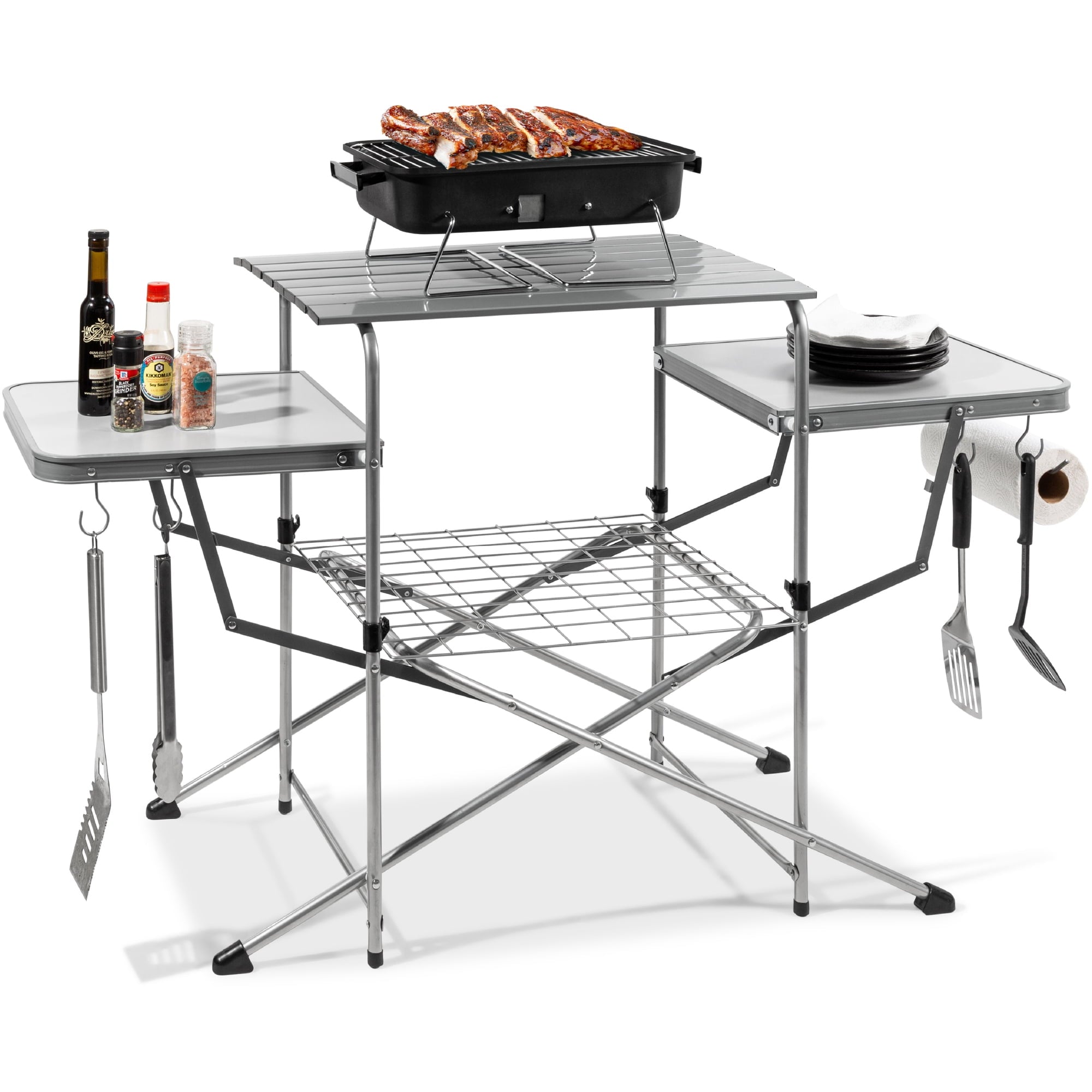 Choice Products Portable Folding Grill Table. Outdoor Food Prep Station for Camping w/ Carrying Case. 4 Hooks