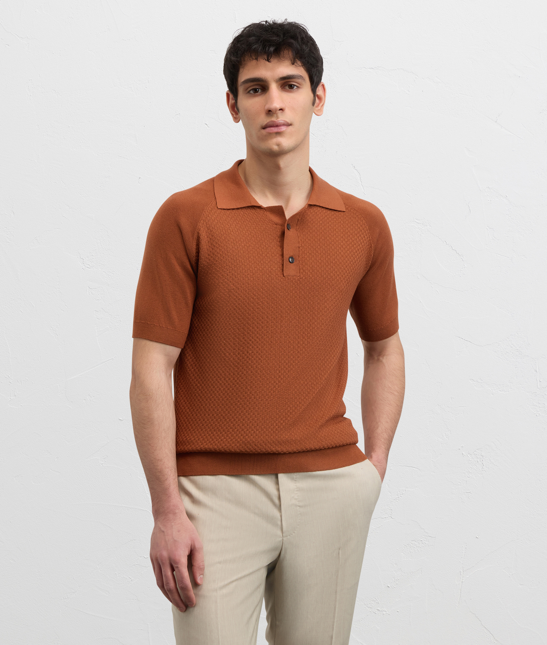 ORANGE SILK AND COTTON KNITTED SHORT SLEEVED POLO SHIRT WITH BUTTONS