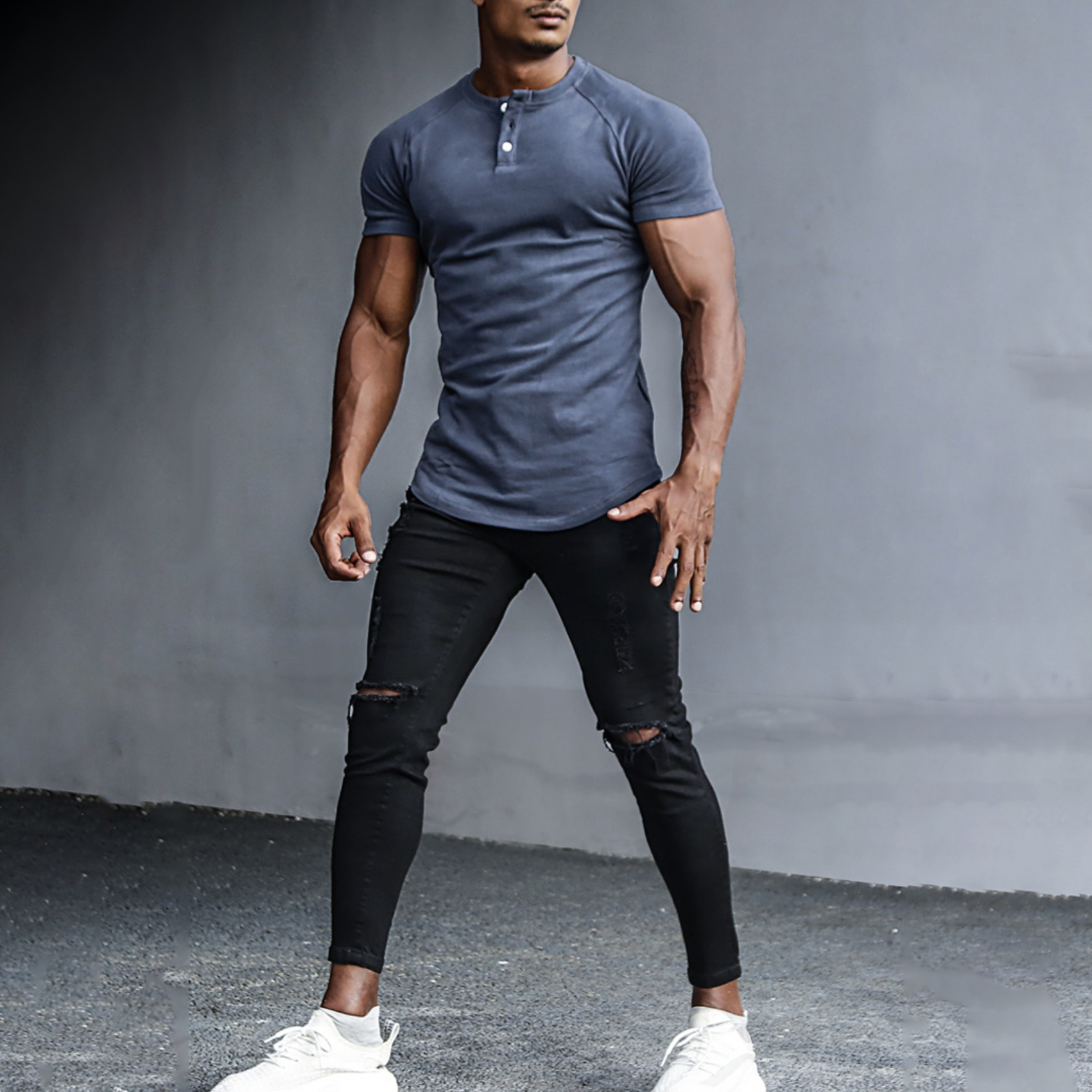 T-shirt à manches courtes et col Henley uni pour homme, idéal pour le sport, le fitness et la course à pied.
