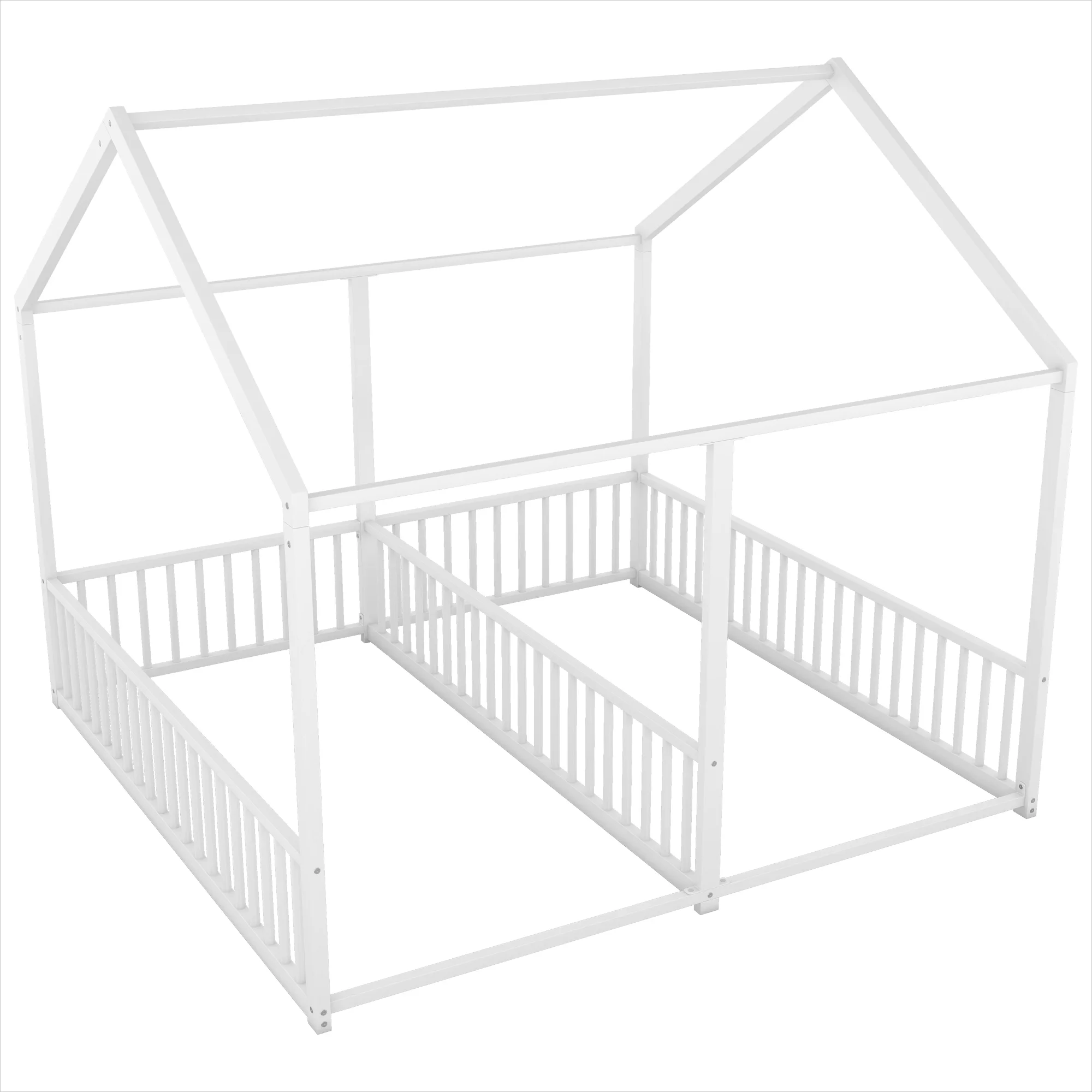 Double Twin Size Floor Bed, Metal Shared Platform Beds for 2 Kids, Montessori House Bed for Toddler Boys Girls Teens(White)(White) - Image 8