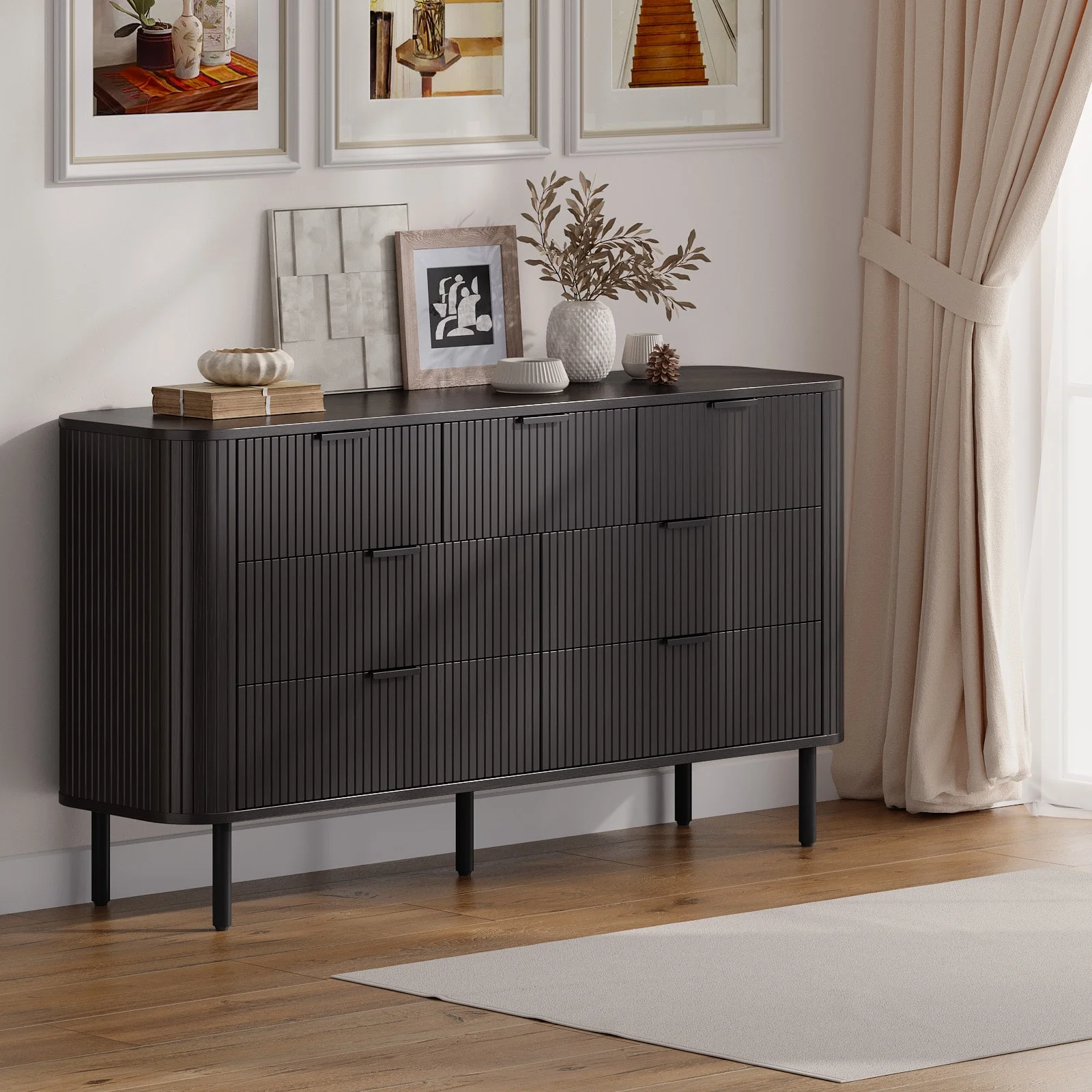 7-Drawer Fluted Dresser for Bedroom, 60 Inch Wide Modern Wood Chest with Metal Handles, Curved Profile Design Also Ideal as TV Stand for Living Room, Hallway, Black(Black) - Image 9
