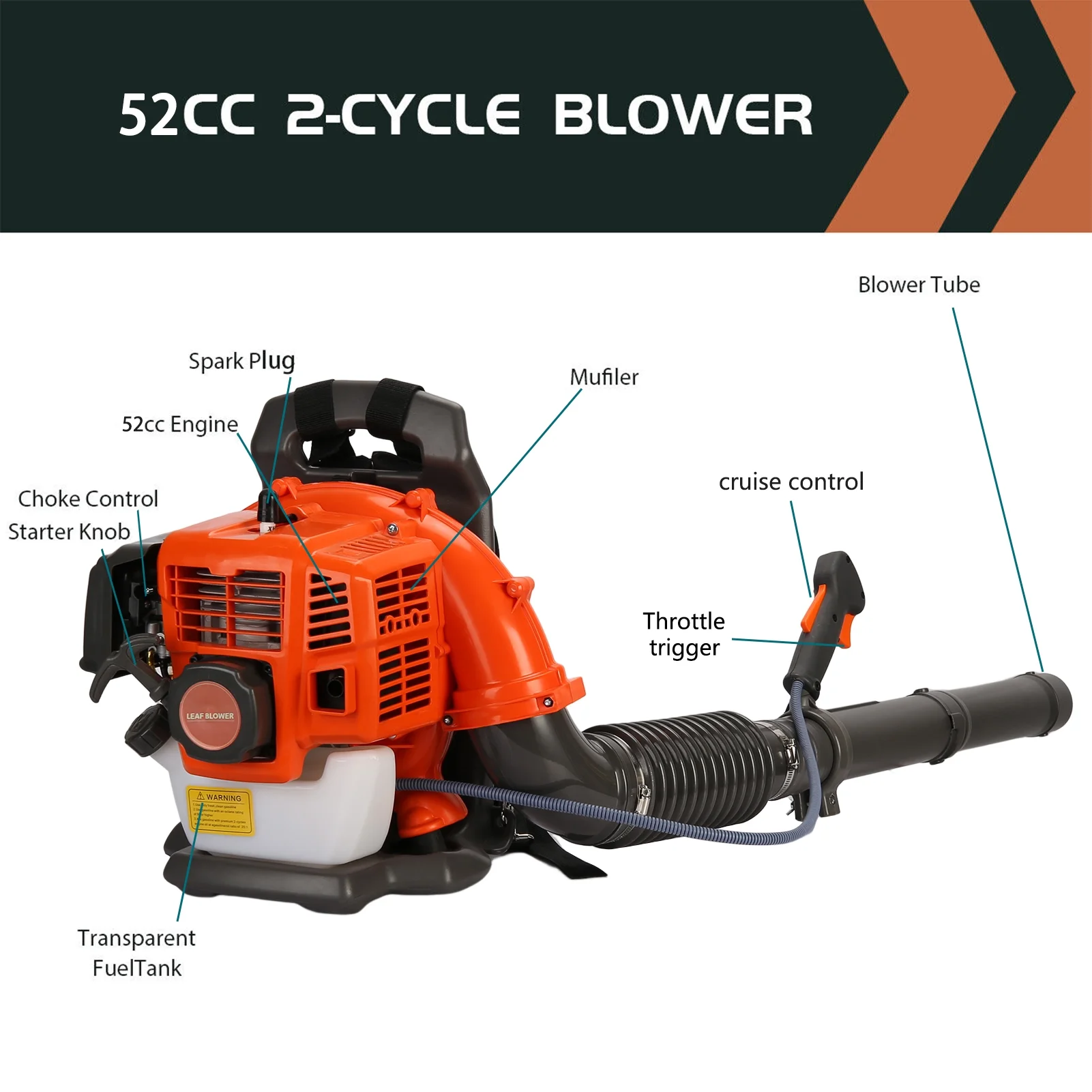 Backpack Snow Blower 52cc 6800r/min 550 CFM Blower with 1 2L Tank, Single cylinder Air cooled Two stroke Strong Wind Force ABS Leaf Blower Gas Powered Dust Blower(Orange Single cylinder) Image 8