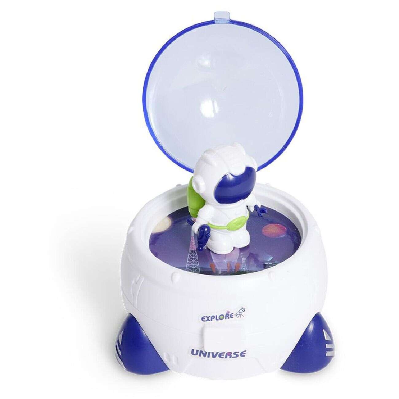 Mini astronaute avec fusée bleu et blanc Ø8xH8cm