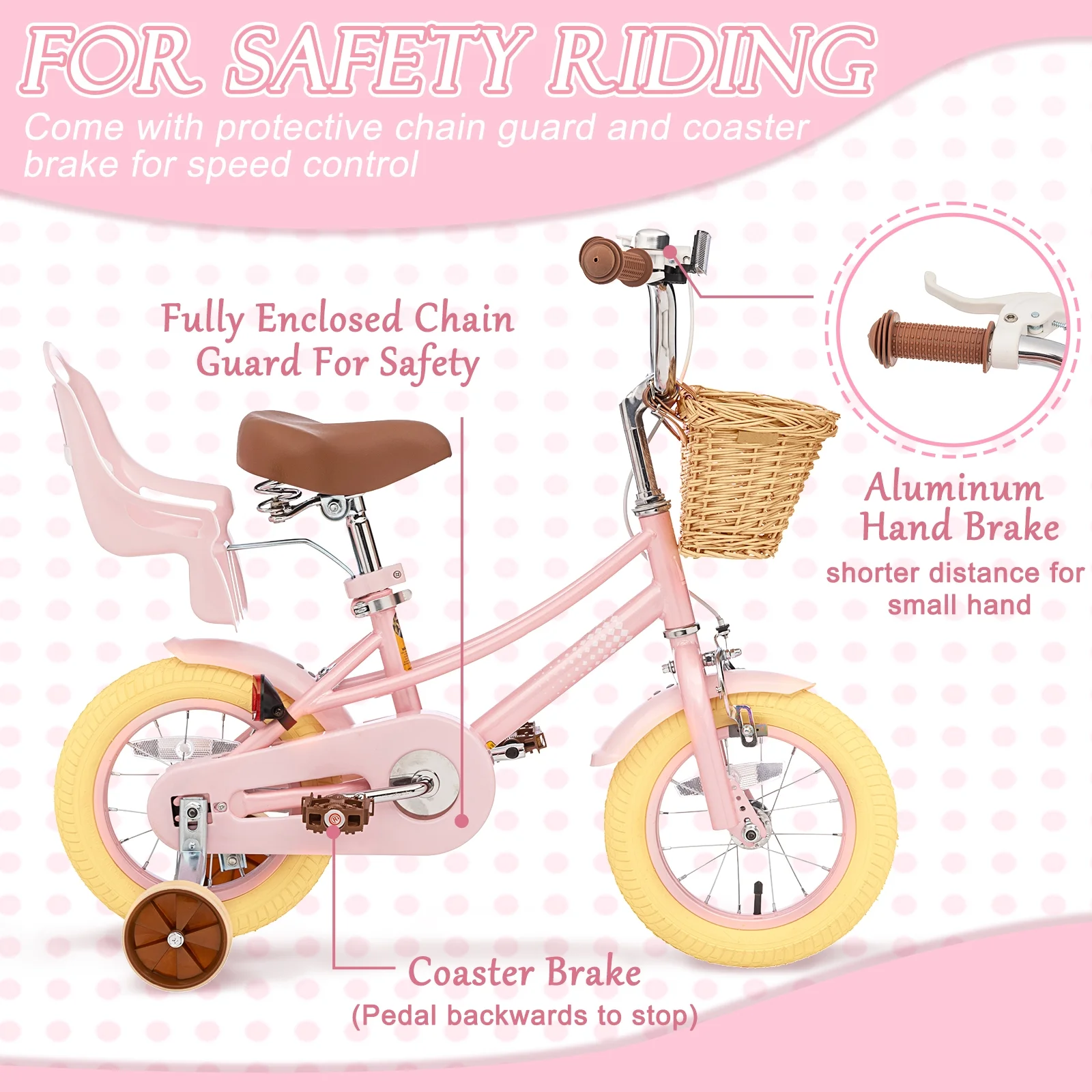 Girls Bike for Toddlers and Kids Ages 2-12 Years Old,12 14 16 Inch Kids Bike with Training Wheels Basket, 20 Inch Girls Bicycle with Handbrake Kickstand(Pink/14") - Image 9