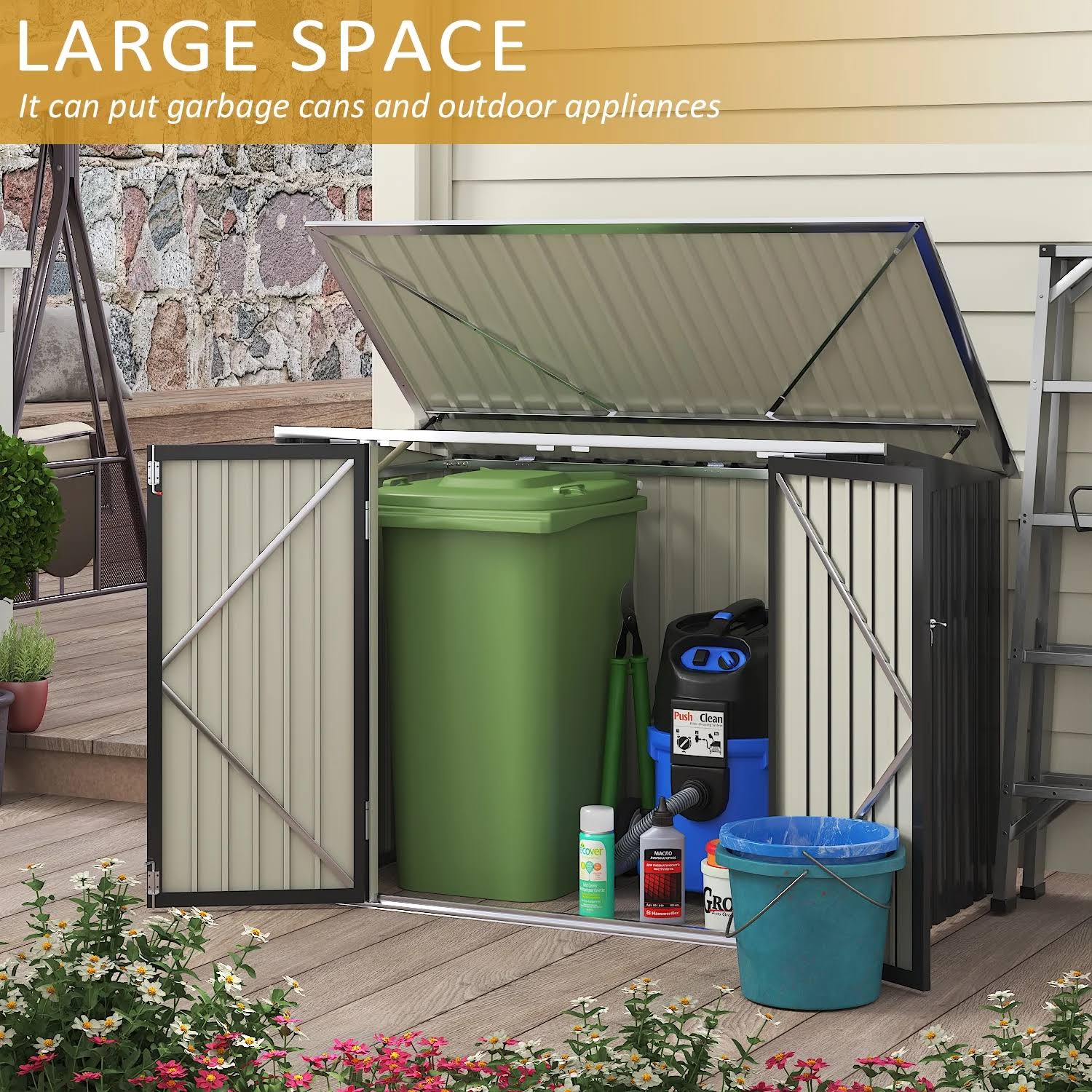 Homall 6' x 3' Patio Metal Shed Outdoor Trash Storage Shed with Lockable Doors and Easy Lift Hinges, Black, Size: Large