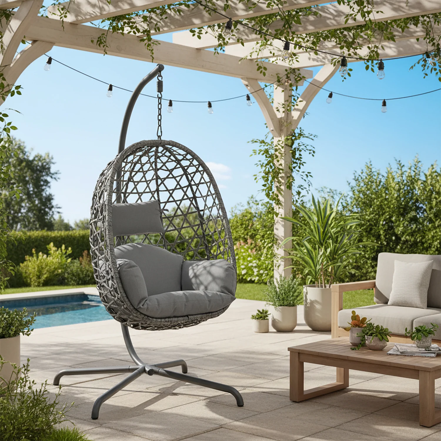 VESTIAMO CASA GIARDINO - Poltrona Dondolo da Giardino in acciaio con rivestimento Effetto Rattan Grigio e cuscini inclusi - h200x107x95 cm
