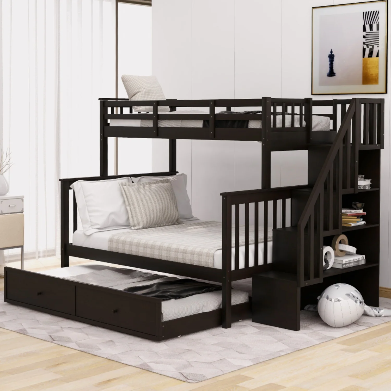 AECOJOY Twin-Over-Full Bunk Bed with Twin size Trundle, Storage and Guard Rail for Bedroom, Espresso
