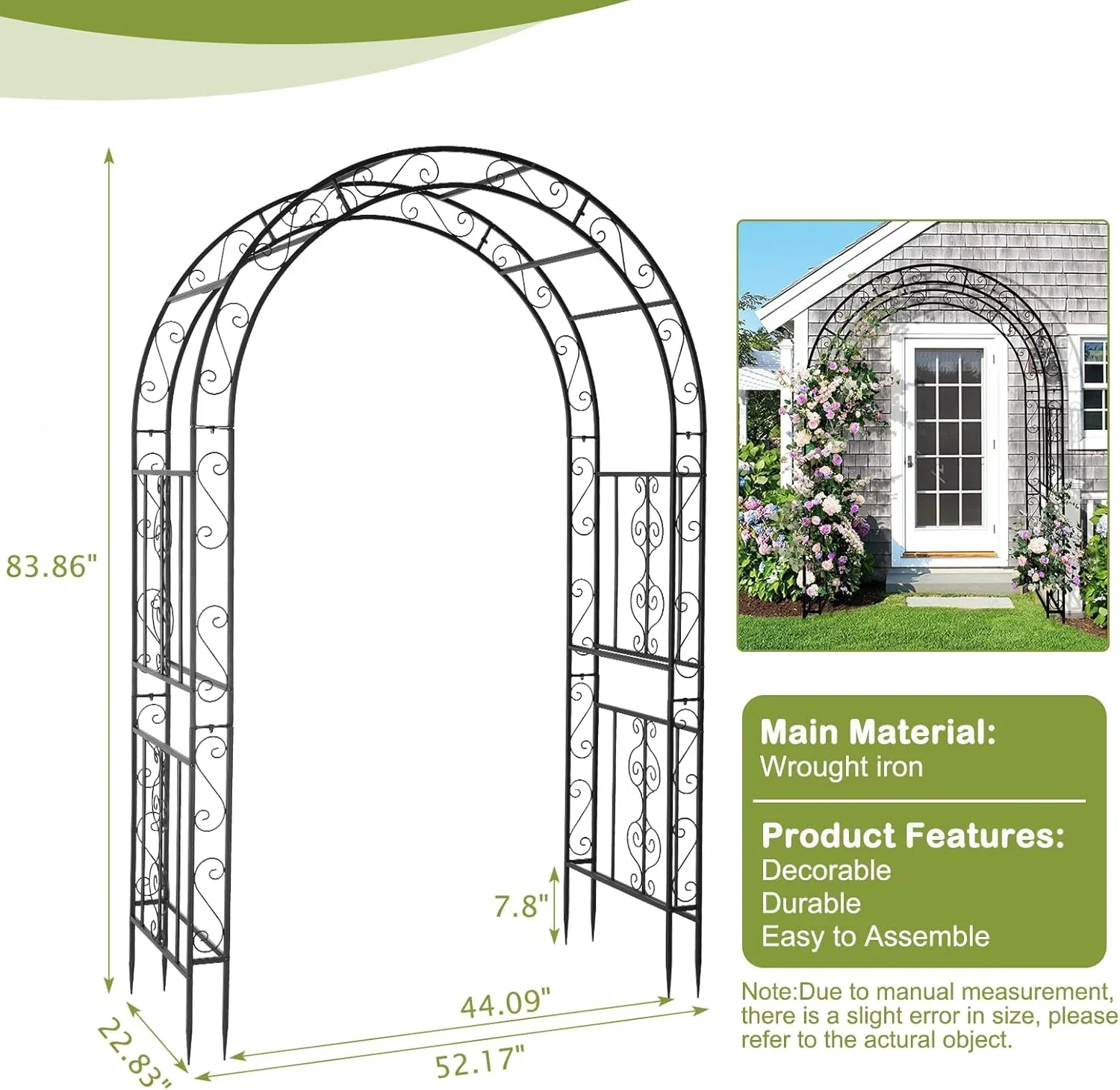 Qiushi 7FT Garden Arch Arbor, Heavy Duty Metal Arbour Archway, Decorative Frame Stand Trellis with Ground Stakes for Wedding Ceremony Party Plant Climbing Rose Vines Lawn Courtyard Patio, Black