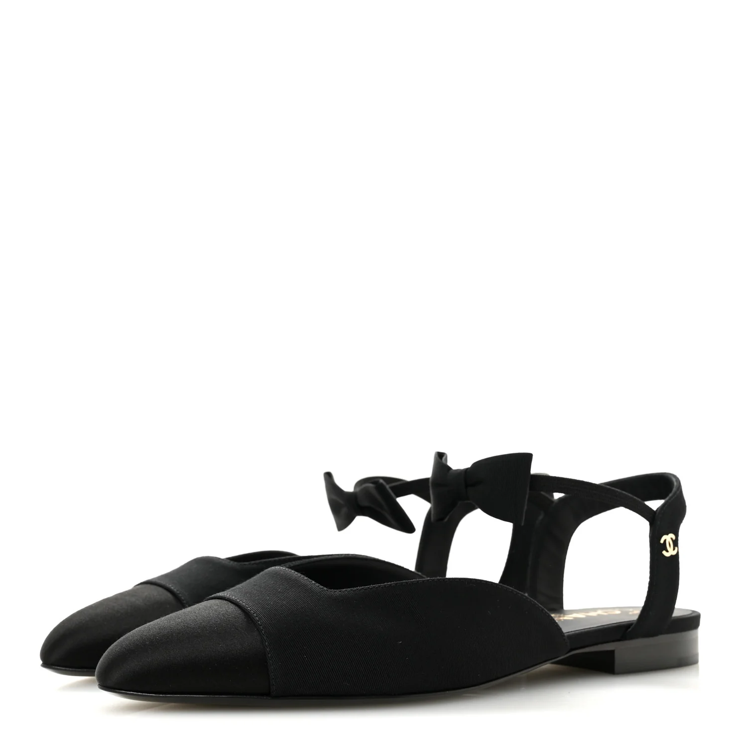 Satin Slingback Cap Toe Bow Flats 39.5 Black
