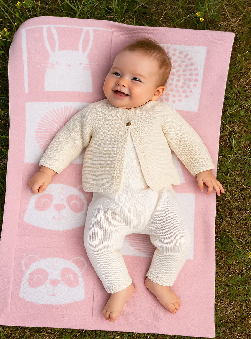 Plaid bébé laine mérinos motif animaux rose poudre