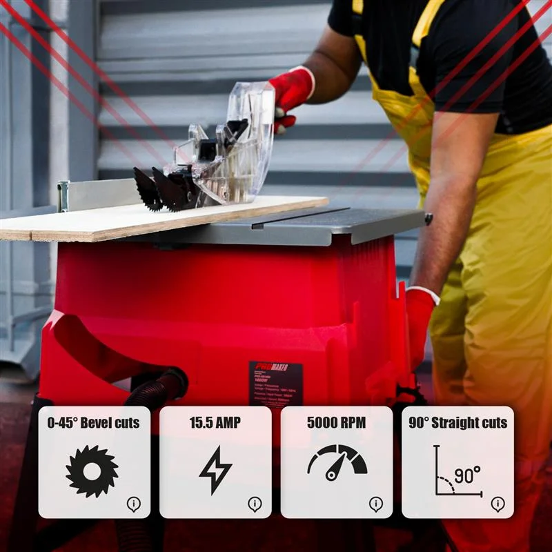 PROMAKER 10 Inch Table Saw, 15.5-Amp 5000RPM, Table Saw for Woodworking with Miter Gauge Scale, 0-45o Bevel Cuts and Straight Cuts at 90o, Includes Saw and  2 year warranty
