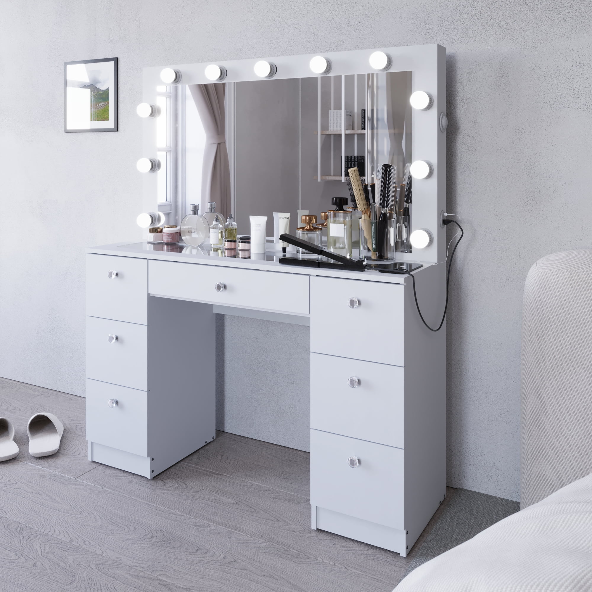 Ibbie White Makeup Vanity with Glass Top, Lights, Charging Station(White) - Image 9