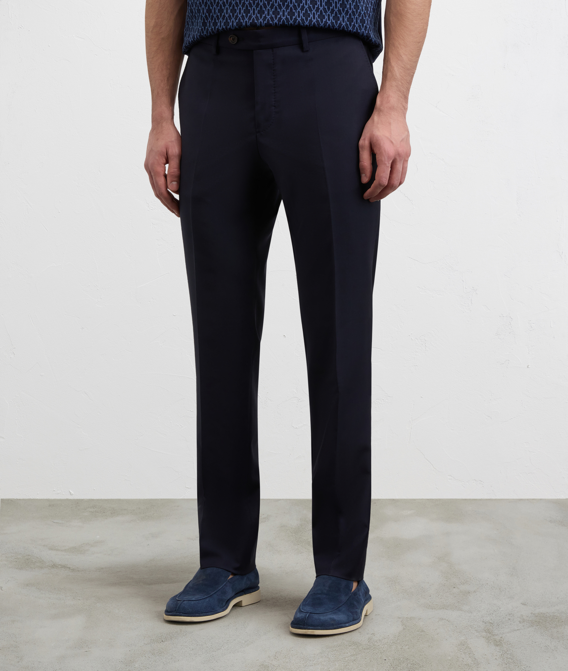 NAVY BLUE MELANGE SOLID COLOR VIRGIN WOOL AND ELASTANE TROUSERS