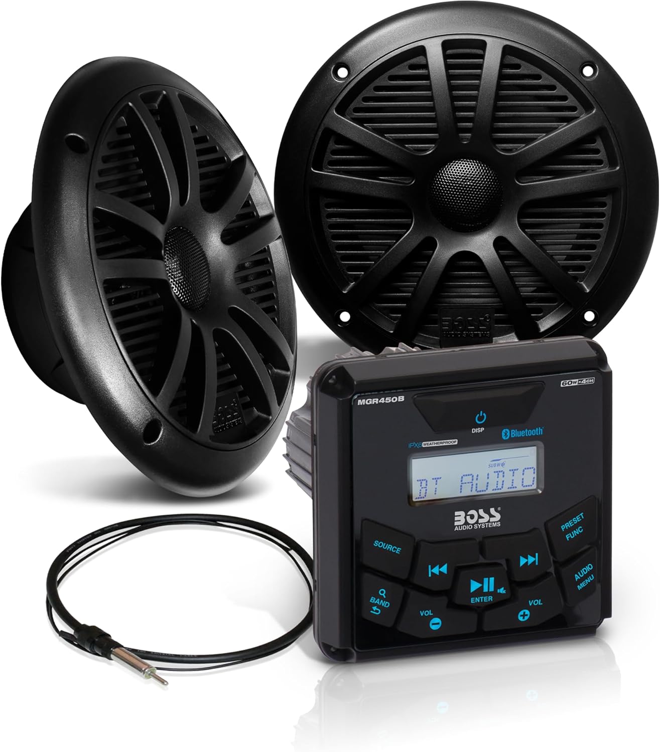 BOSS Audio Systems MCKGB450B.6 6.5 Inch Speakers & Marine Boat Gauge Stereo - Bluetooth Head Unit  No CD DVD Player  AM/FM Radio Receiver  NOAA Weather Band  IPX6 Weatherproof  USB