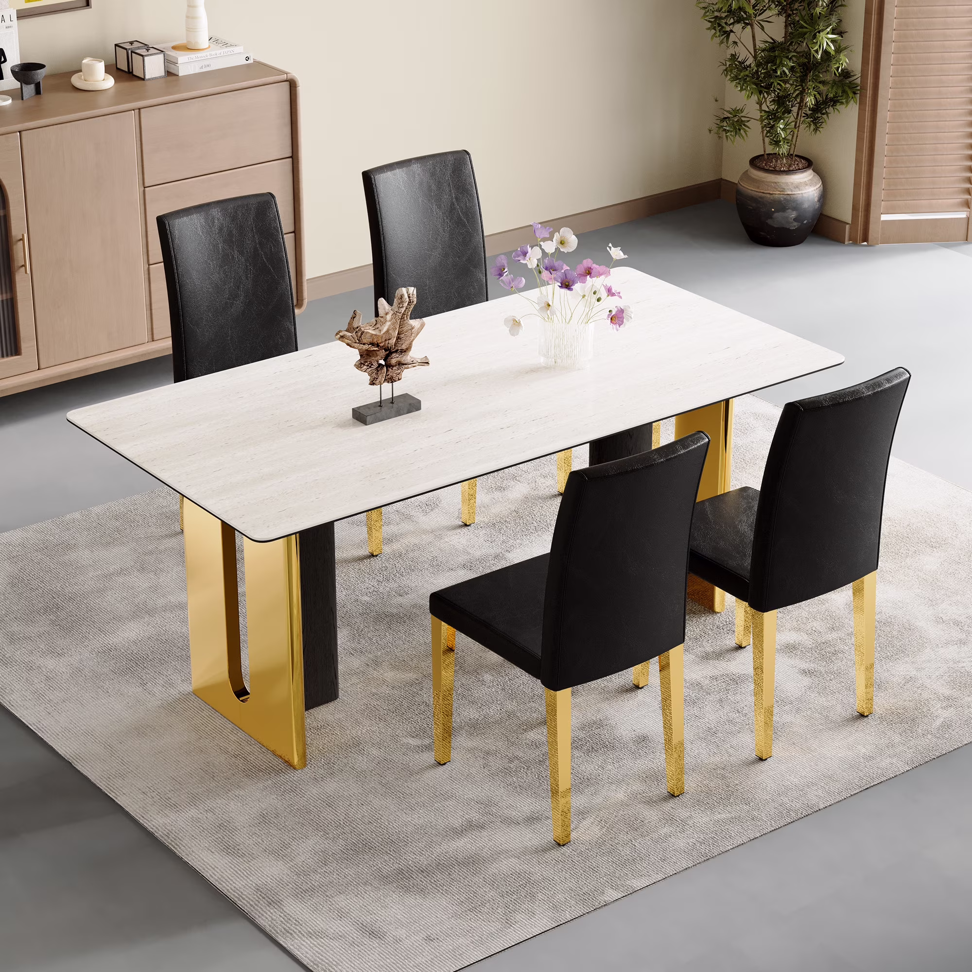 Set of 4 Black PU Leather Backrest Chairs with Gold Metal Legs - A Perfect Pairing, Ideal for Minimalist and Modern Home Decor Styles, with Product Dimensions of 16.2*18.5*34.6 in