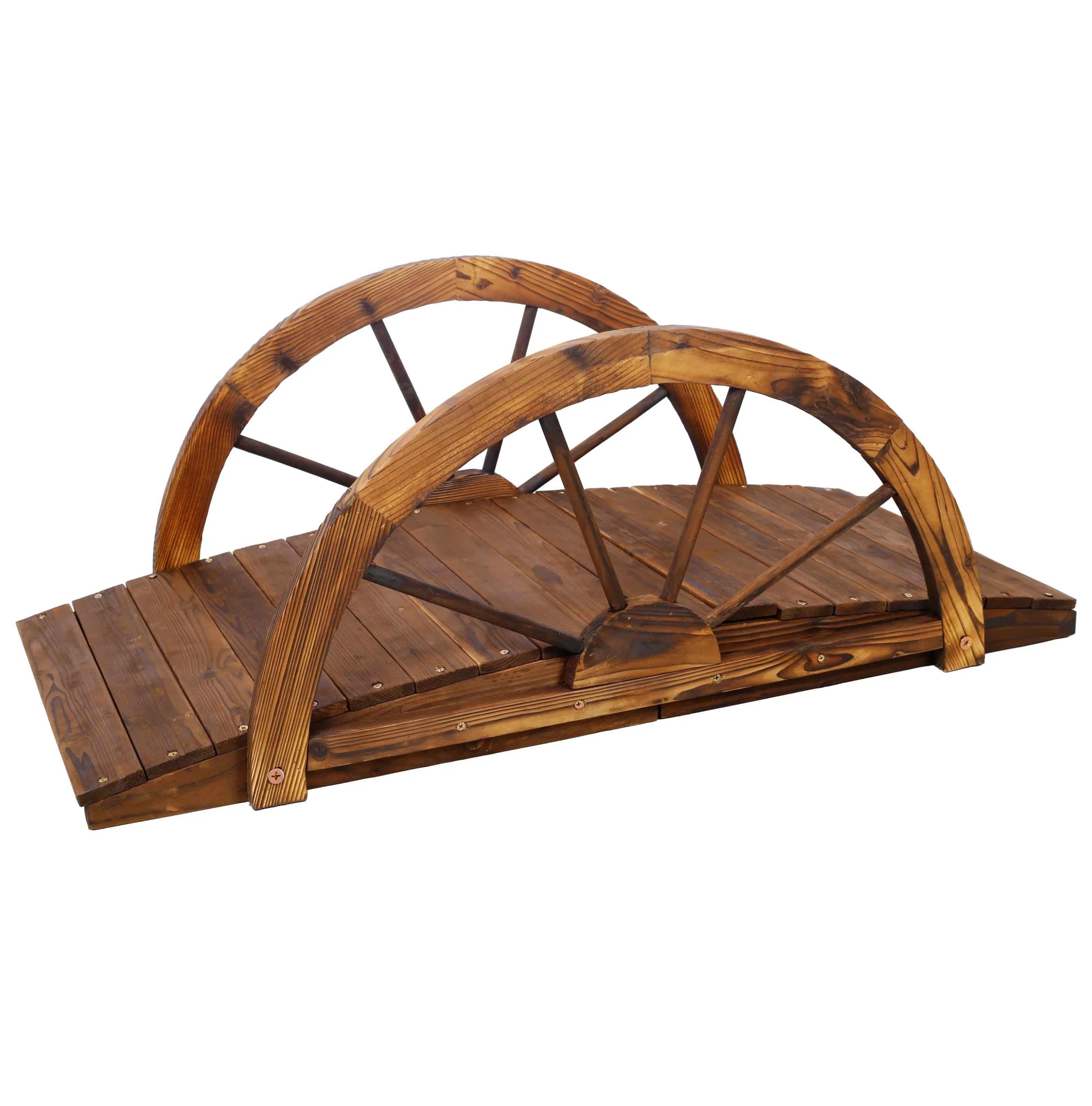 3.3ft Wooden Garden Bridge Arc Footbridge with Half-Wheel Style Railings & Solid Fir Construction, Stained Wood