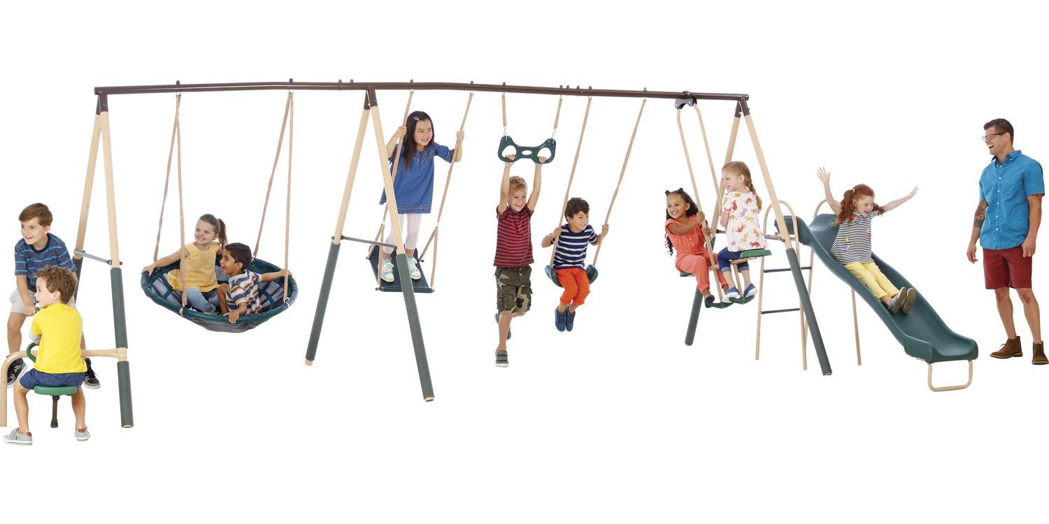 Deerfield Metal Swing Set with Super Disc Swing. 6-ft Slide. Fun Glider See-Saw