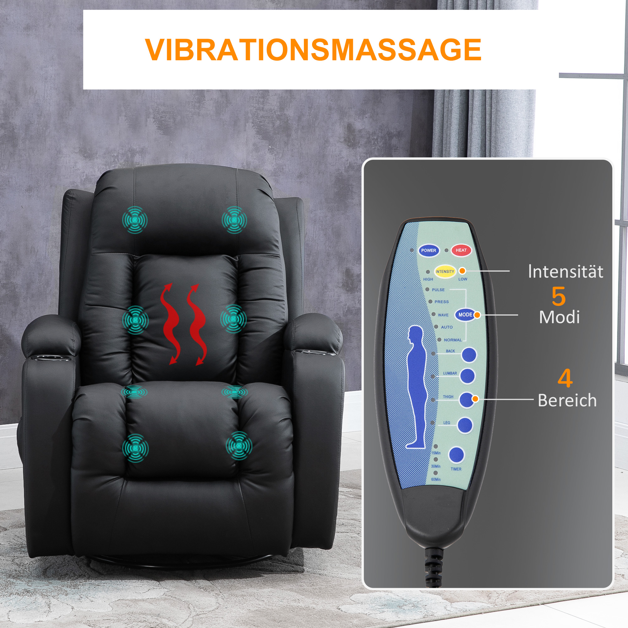 HOMCOM Massagestoel, relaxstoel, schommelfunctie, 8 vibratiepunten, inclusief afstandsbediening, zwart