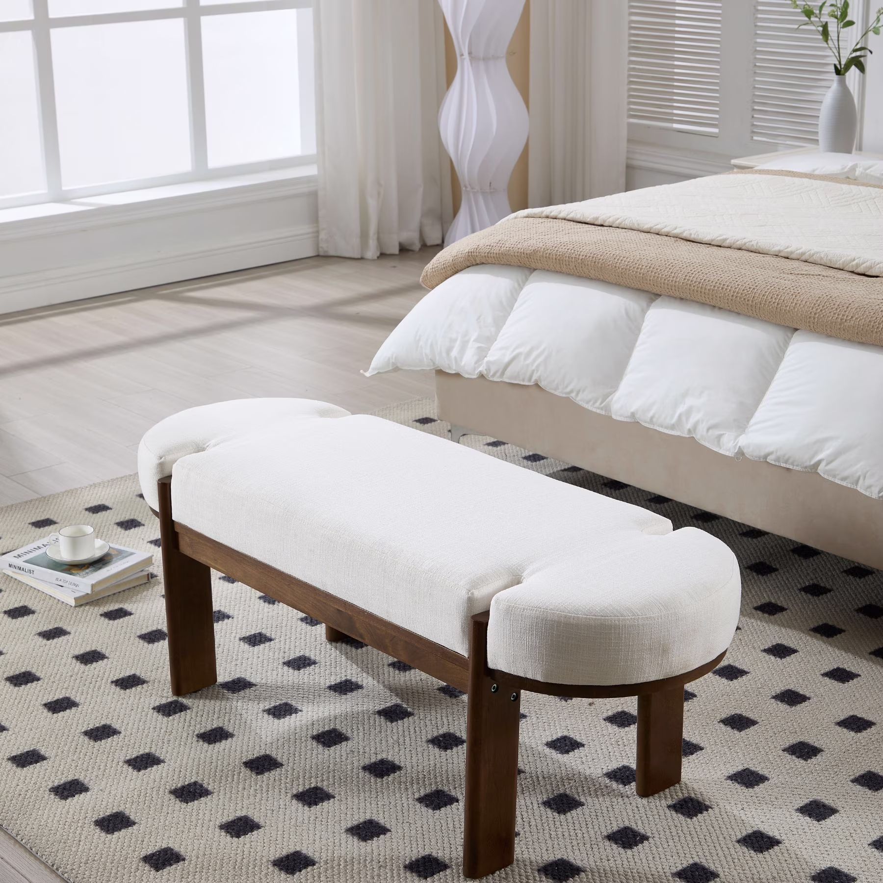 51" Modern Upholstered Bedroom Bench, Linen End of Bed Bench with Wooden Legs for Living Room, Entryway,Hallway Footrest, Beige(Beige)