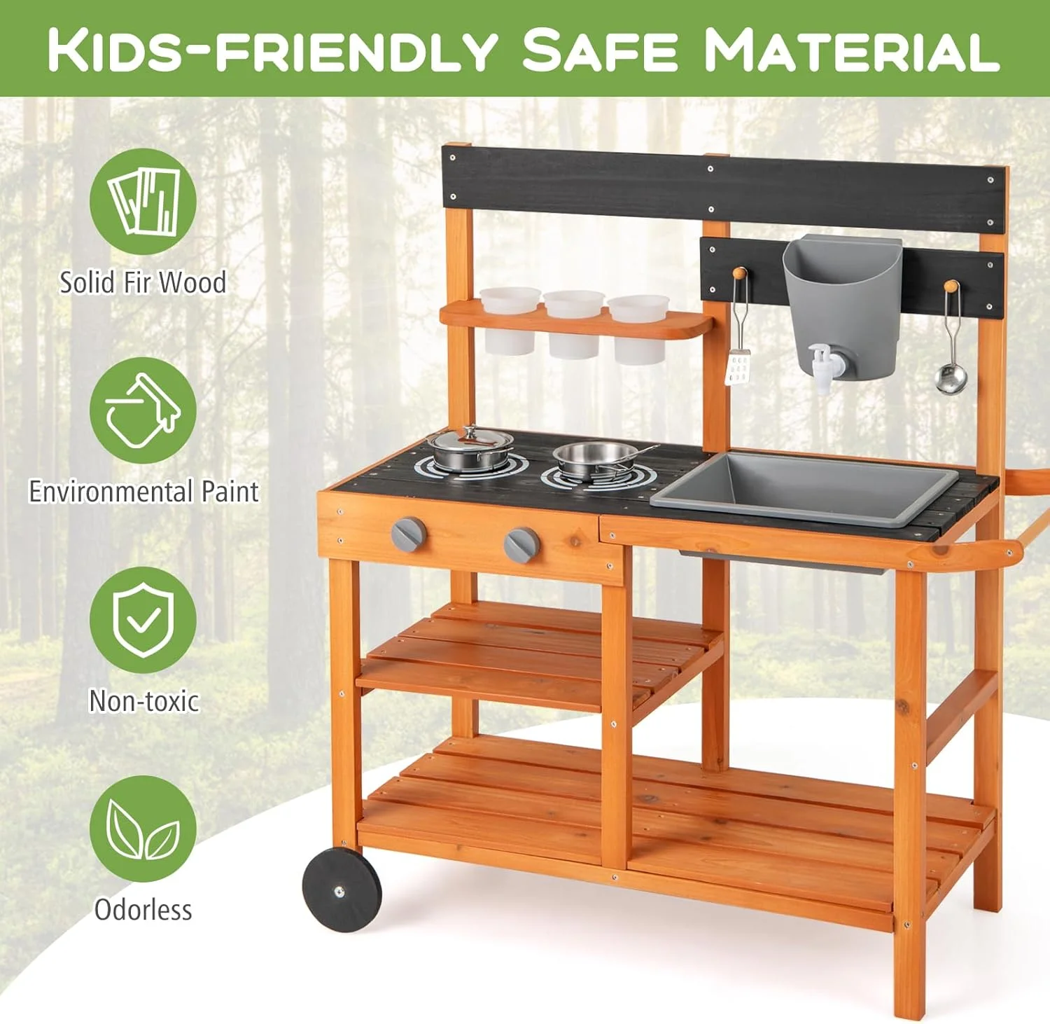 Mud Kitchen, Outdoor Play Kitchen with Wheels 3 Cups Removable Sink Cooking Accessories Wooden Kids Kitchen Playset Backyard Garden Toys Gift for Boys Girls Ages 3+(Outdoor/with Wheels) - Image 6