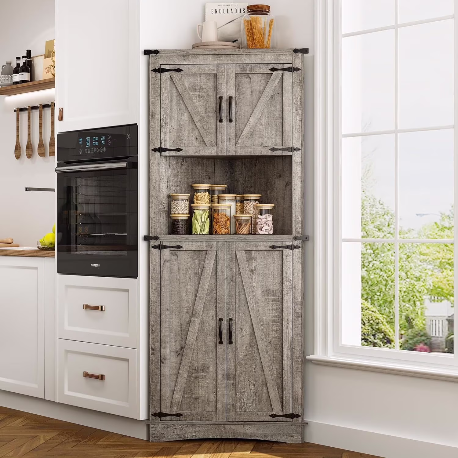 68" Tall Farmhouse Corner Cabinet with 4 Doors, 28.3" W Barn Door Storage Cabinet with Adjustable Shelves, 5 Tier Corner Storage Cabinet for Bathroom,Living Room,Kitchen(28.3" Wide/White-Brown) - Image 3