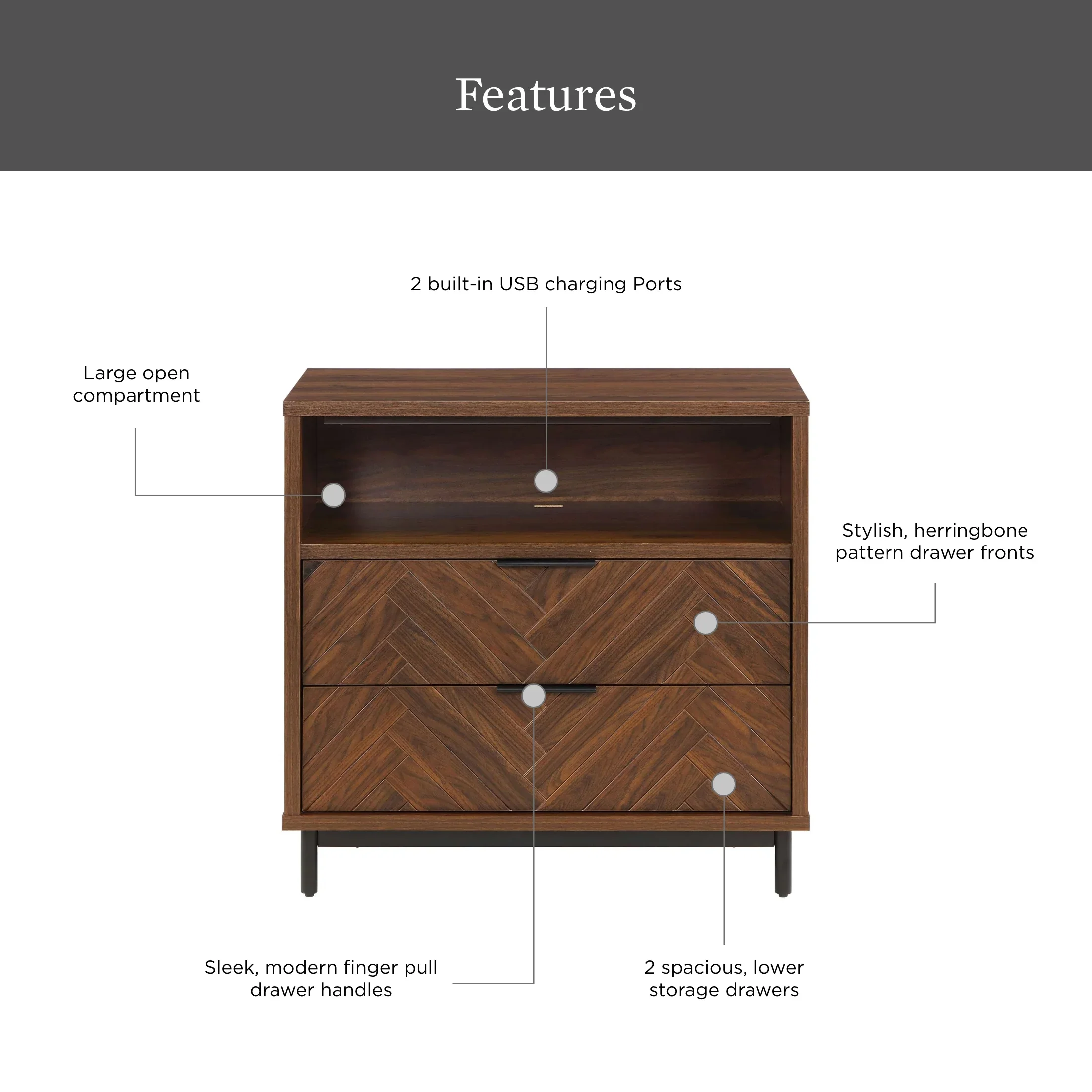 Better Homes & Gardens Wyatt Geo 2-Drawer Nightstand with USB, Walnut Finish