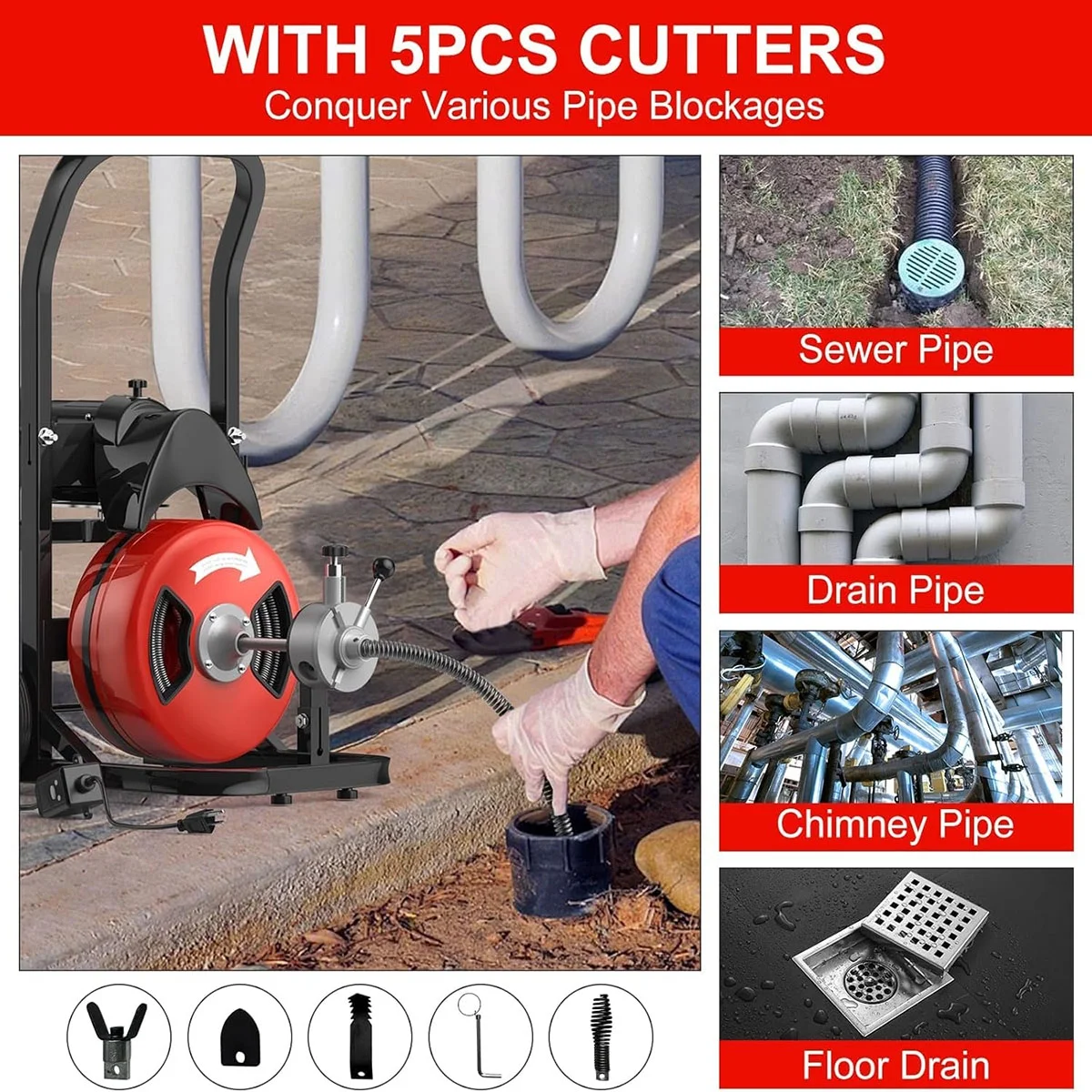 75 FTx1/2 Inch Drain Cleaning Machine, Auto Feed Sewer Snake Drill with Wheels, Pipe Spiral Cleaner with 4 Cutters and Pneumatic Foot Switch, for 2" to 4" Pipes(75Ft x 1/2) - Image 10