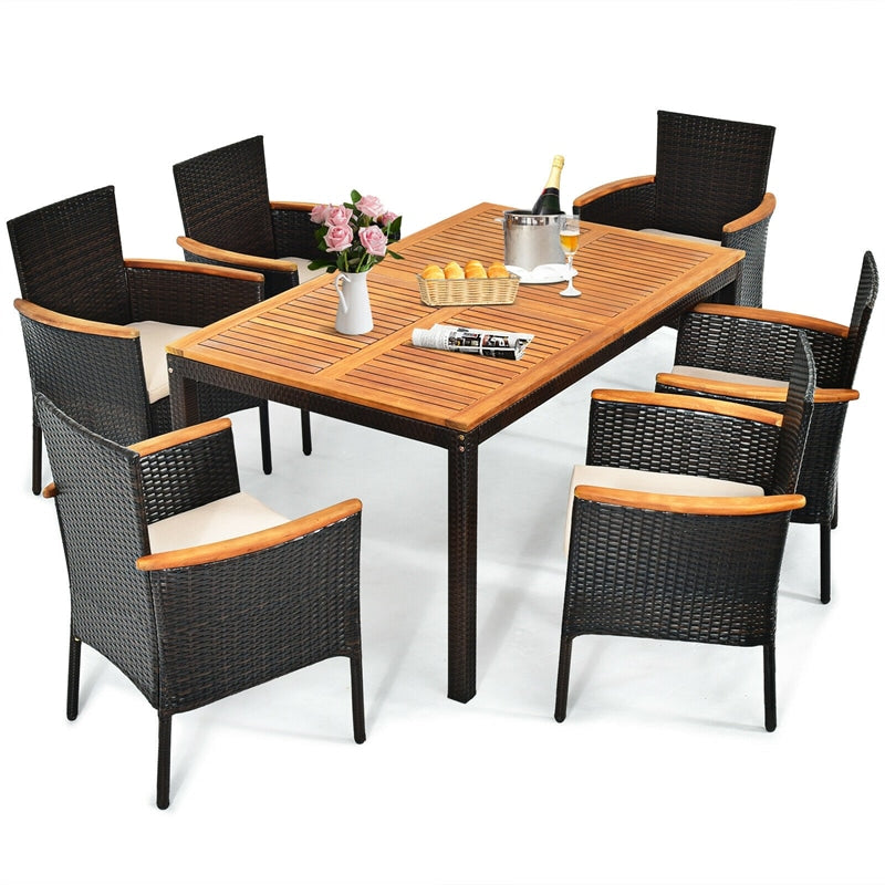 Ensemble de salle à manger de patio en rotin 7 pièces avec table en bois d'acacia et chaises empilables en osier