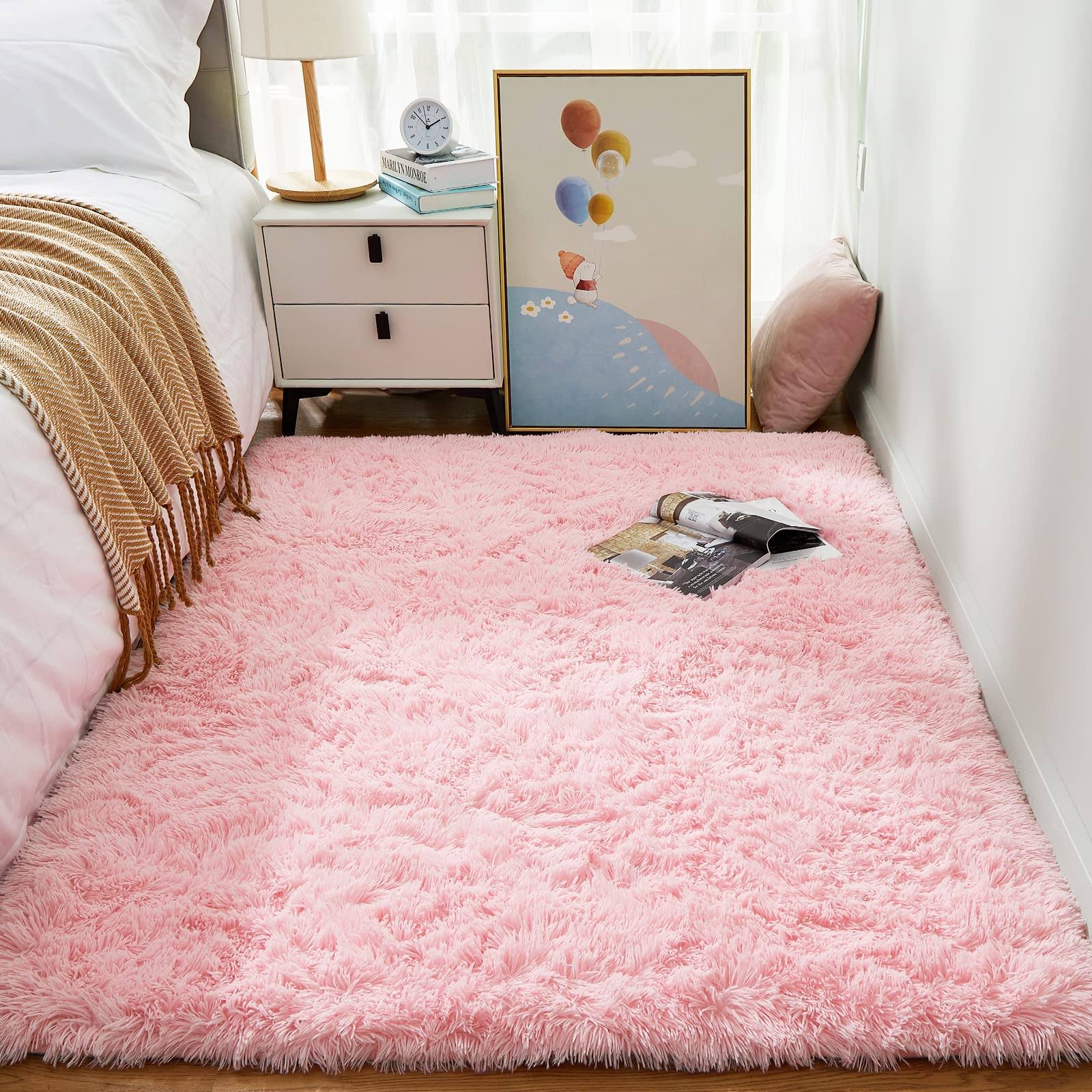 Ophanie Light Pink Area Rugs for Bedroom Girls, 4x6 Fluffy Fuzzy Furry Shag Carpet, Plush Soft Cute Kids Baby Shaggy Bedside Indoor Floor Rug for