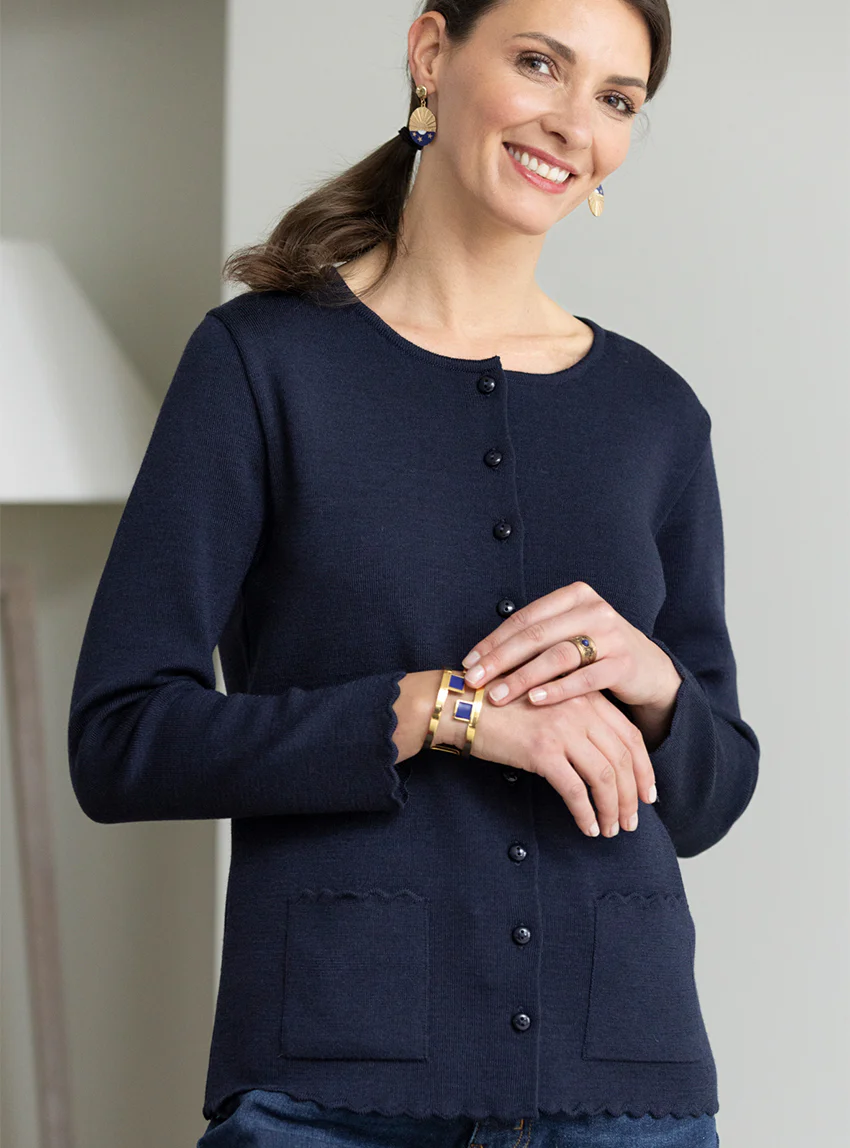 Cardigan femme en laine mérinos Bleu Marine