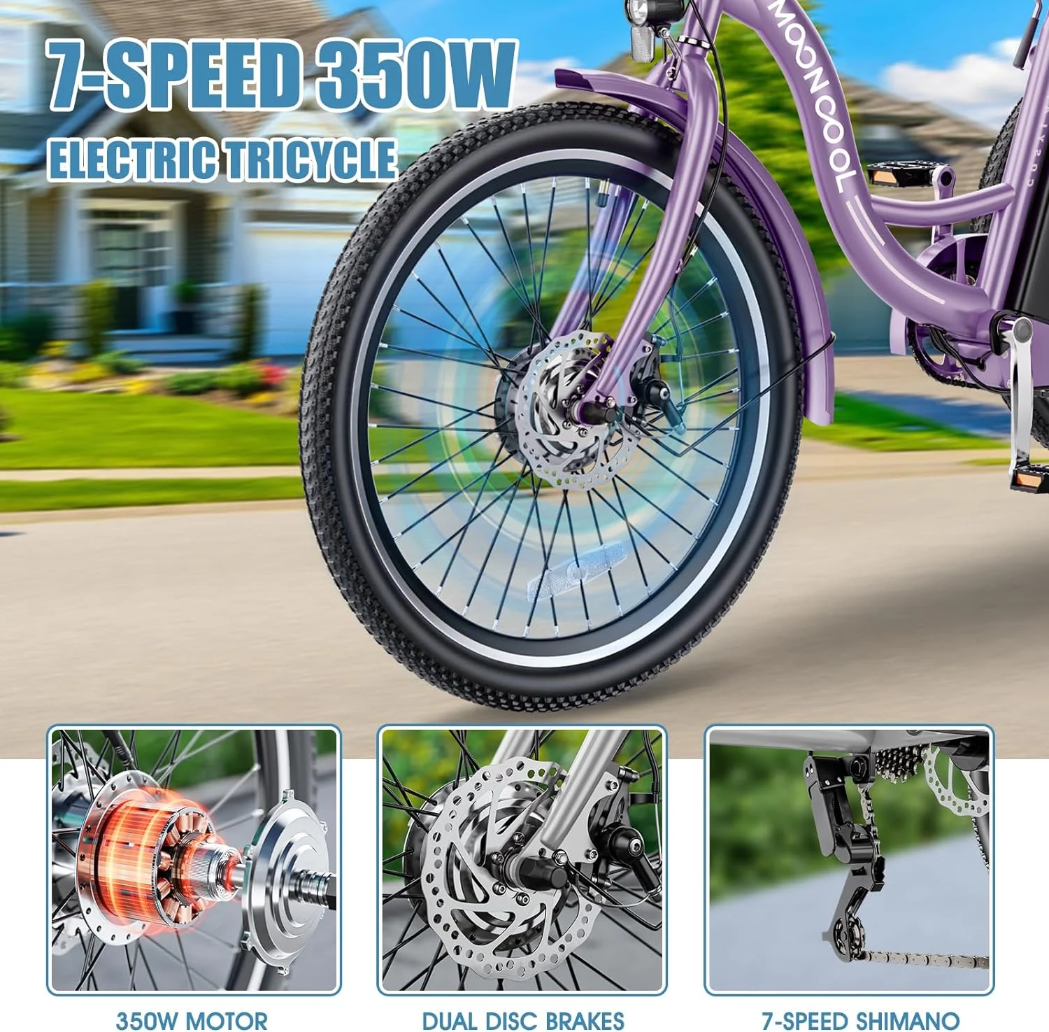 24" 26" Electric Tricycles, 36V 10Ah 350W Lithium Battery, 7 Speed E-Trike for Adults with Large Capacity Rear Basket Adjustable Seat(24" Tire 7 Speeds/Cyan) - Image 9
