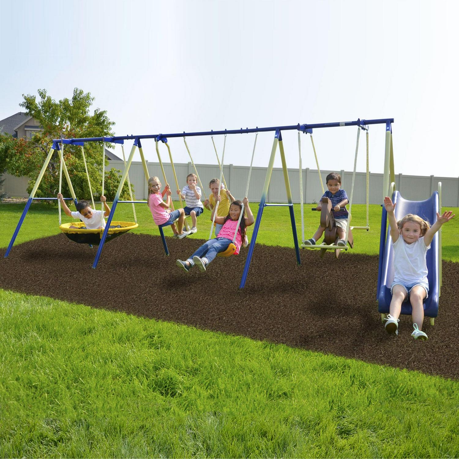 Sportspower Super 8 Metal Swing Set. Rocking Horse. Saucer Swing. Glide Ride. Two Swings and Slide