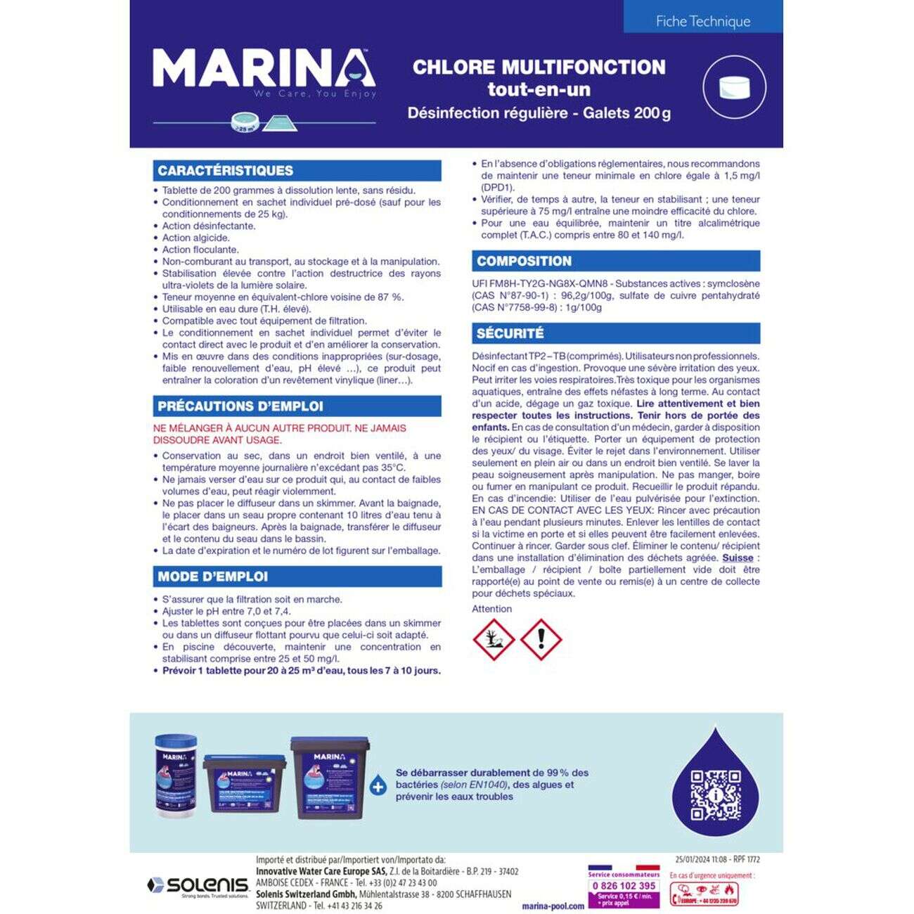 Chlore multifonctions galet 200g Marina 5kg