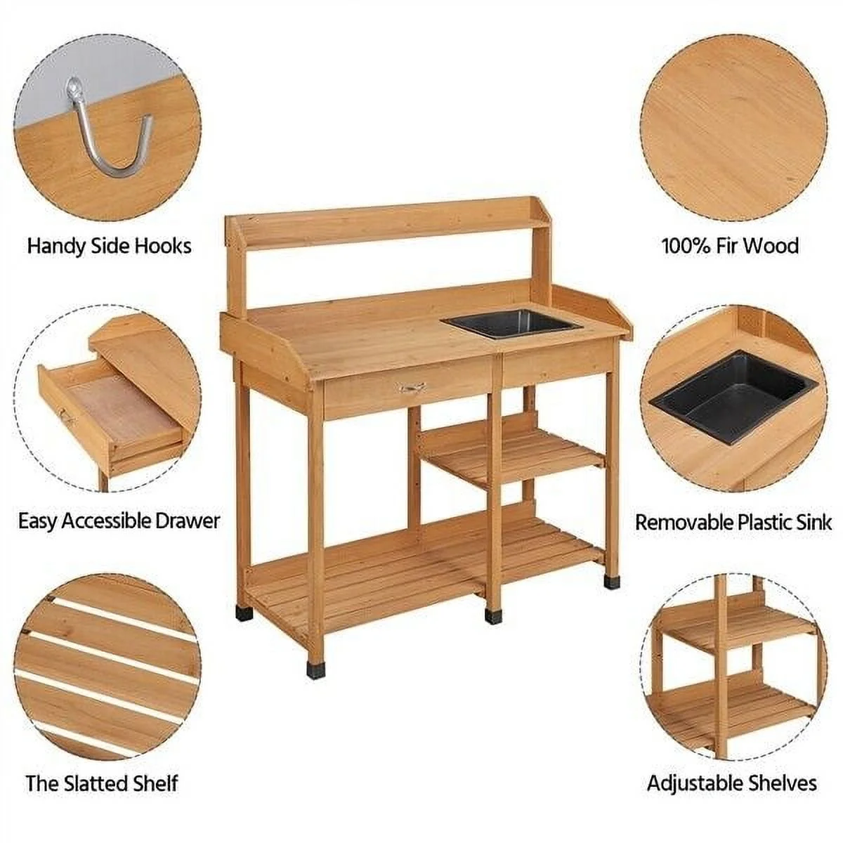Potting Bench Outdoor Garden Work Bench Station Planting Solid Wood Construction for Horticulture w/Sink Drawer Rack Shelves Natural Wood - Image 5