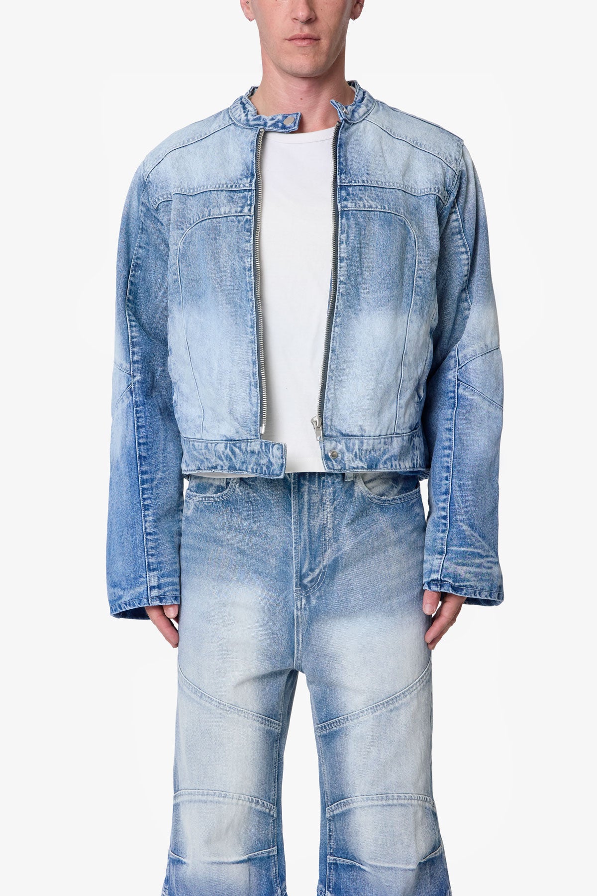 Paneled Moto Denim Jacket - Washed Blue