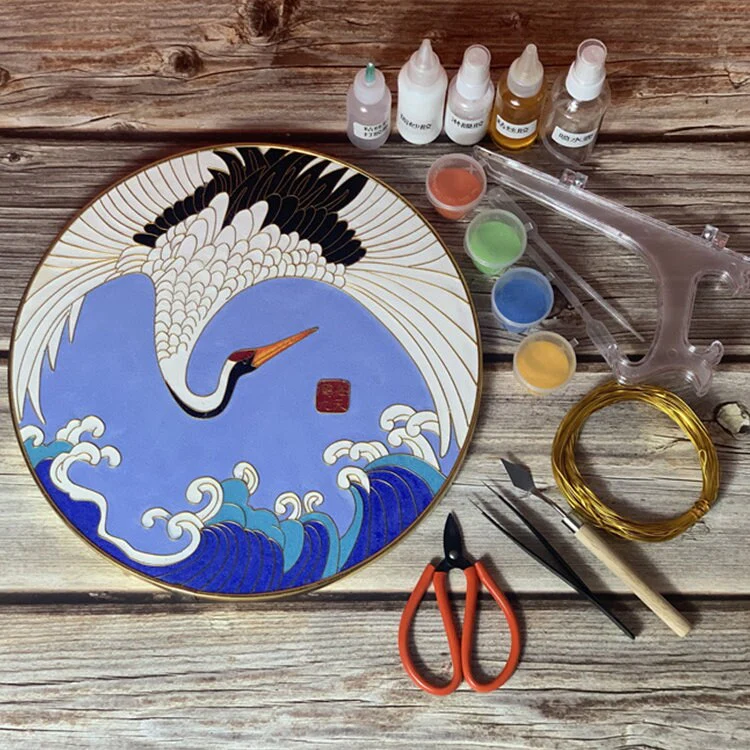 Blue Crowned Crane and Waves,Beginner Cloisonné Enamel DIY Kit, with Tutorial& All Tools