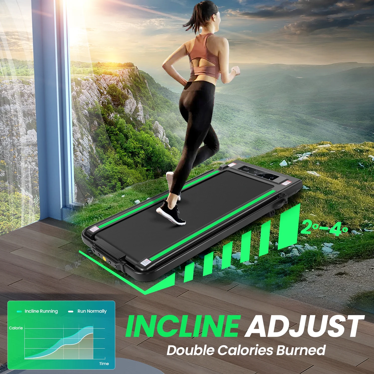 2 in 1 Walking Pad Treadmill with Incline, 2.5HP Under Desk Treadmill with Handle Remote Control LED Touch Screen for Home Office Workout, 300lbs Weight Capacity Black Green(A-98-G) - Image 4