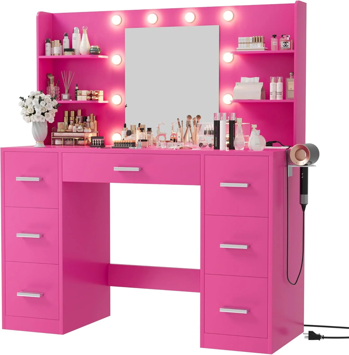 Coiffeuse Furmax avec miroir, éclairage LED et prise électrique