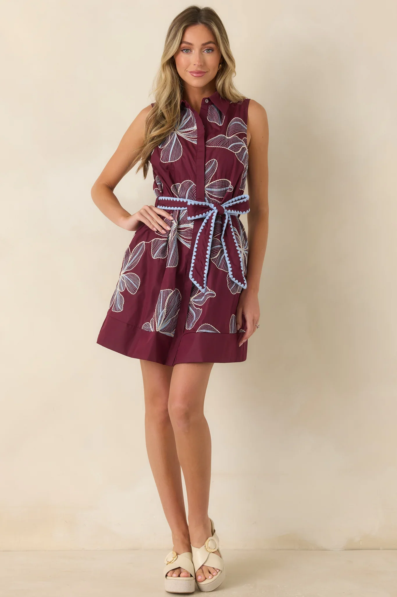Burgundy Floral Embroidered Collared Mini Dress