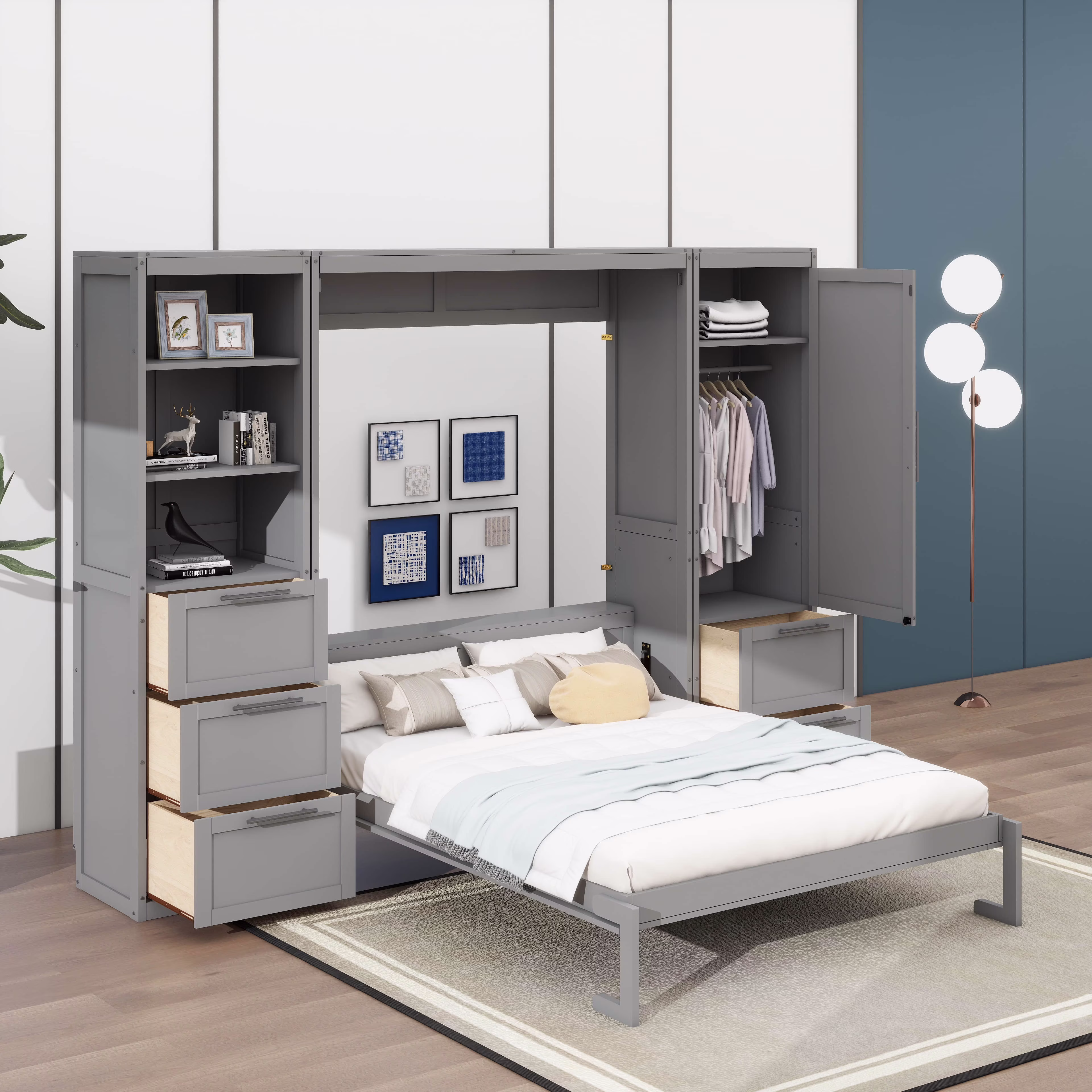 Queen Size Gray Murphy Bed Wall Bed with Closet,Drawers and Shelves(White) - Image 3