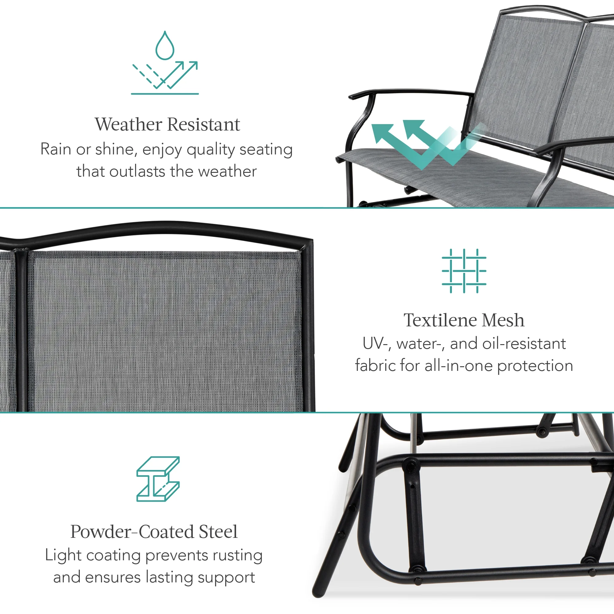 2-Person Outdoor Swing Glider, Steel Patio Loveseat, Bench Rocker w/ Armrests Gray(Gray) - Image 6