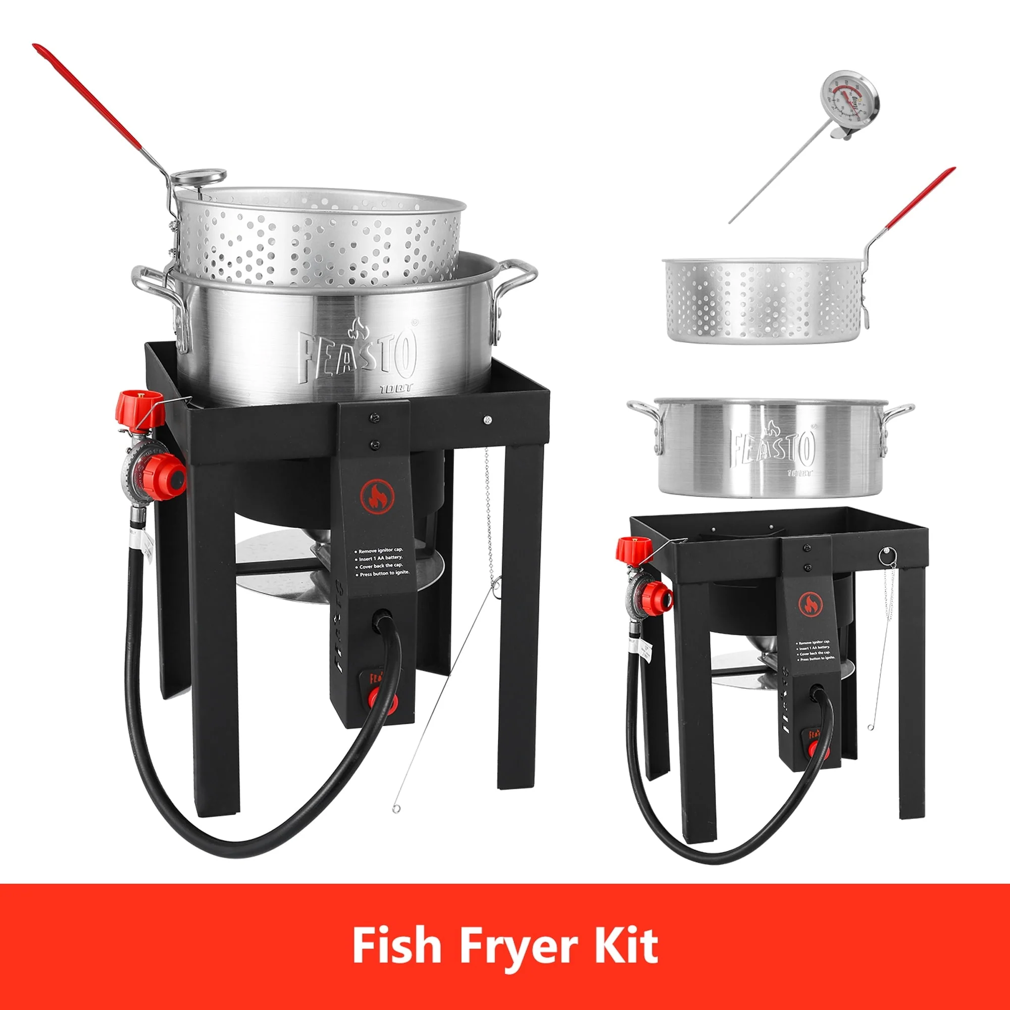 FEASTO Turkey Fryer and Fish Boiler Set with 30 Qt and 10 Qt Aluminum Pots Set, Auto Ignition,55000BTU Propane Burner for Outdoor Cooking Image 3
