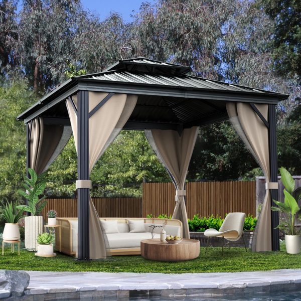 10x10 Hardtop Gazebo with double metal roof. aluminum frame. net. and curtain. All-weather. ideal for patio. deck. garden. backyard. Khaki.
