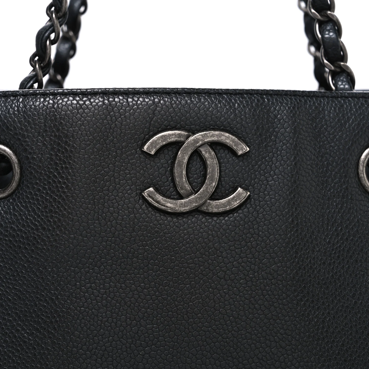 Metallic Grained Calfskin Medium Woven Chain Shopping Bag Black