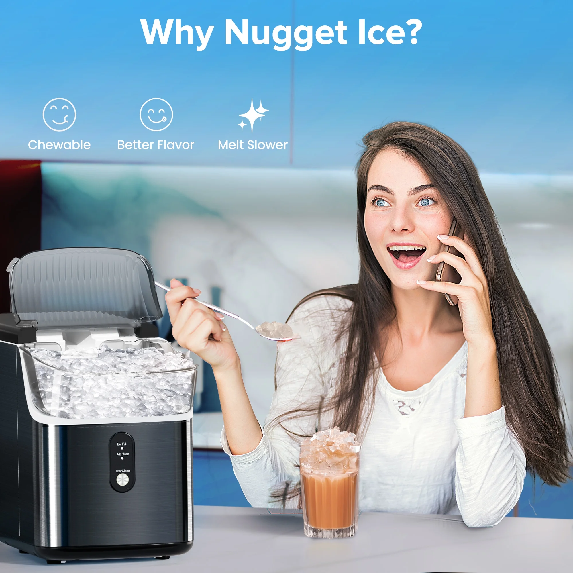 Nugget Ice Maker Countertop, Pebble Ice Maker Machine with 35lbs/24H Soft Ice, Self Cleaning, for Home/Kitchen/Office (Black)(Black) Image 6