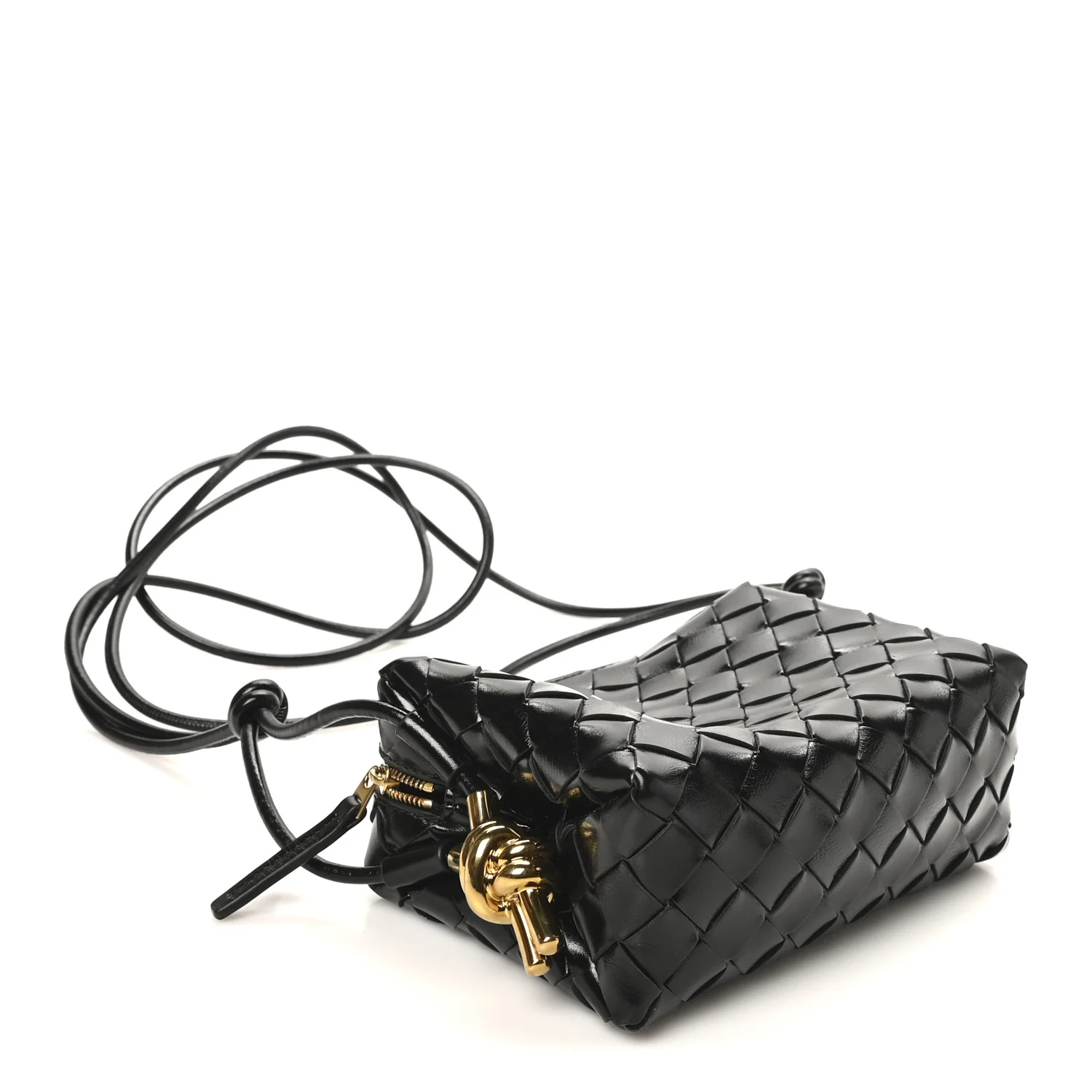 Polished Nappa Intrecciato Metallic Knot Mini Loop Camera Bag Black