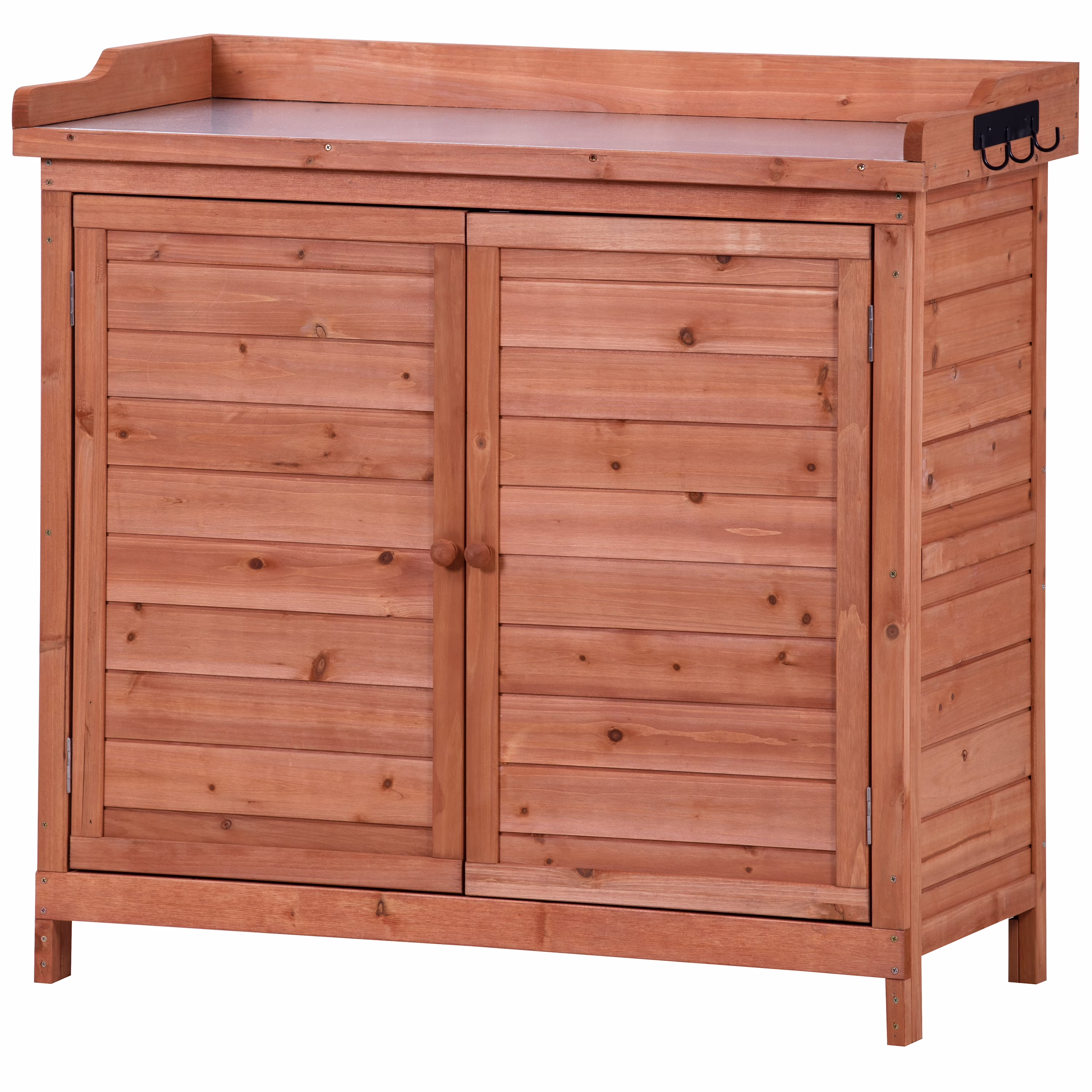 39W Garden Potting Bench Table, Fir Wood Storage Cabinet with Galvanized Tabletop and Side Hooks, Orange
